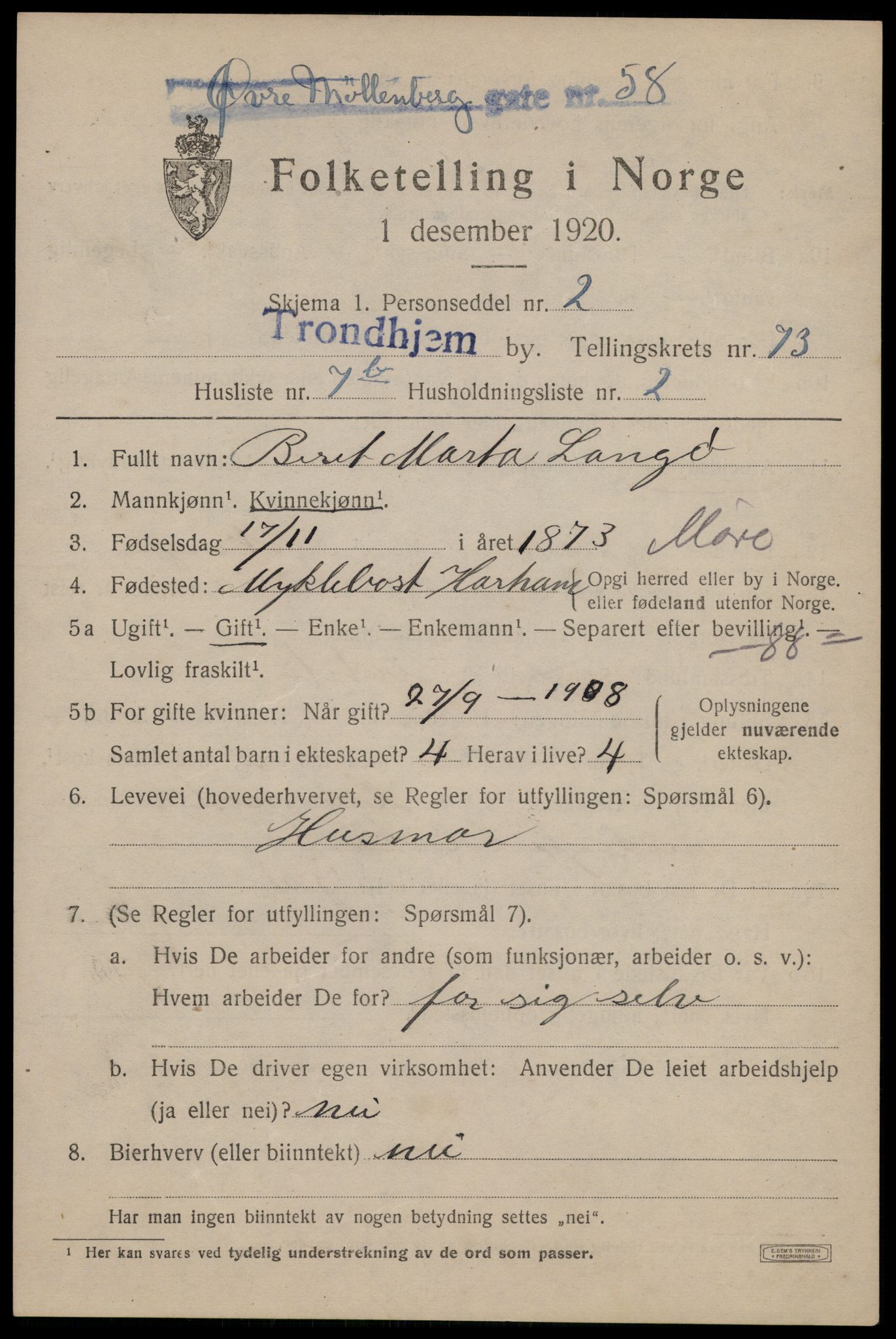 SAT, 1920 census for Trondheim, 1920, p. 143080