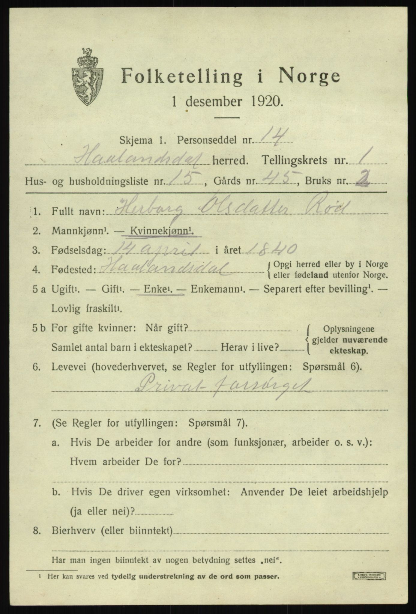 SAB, 1920 census for Hålandsdal, 1920, p. 464