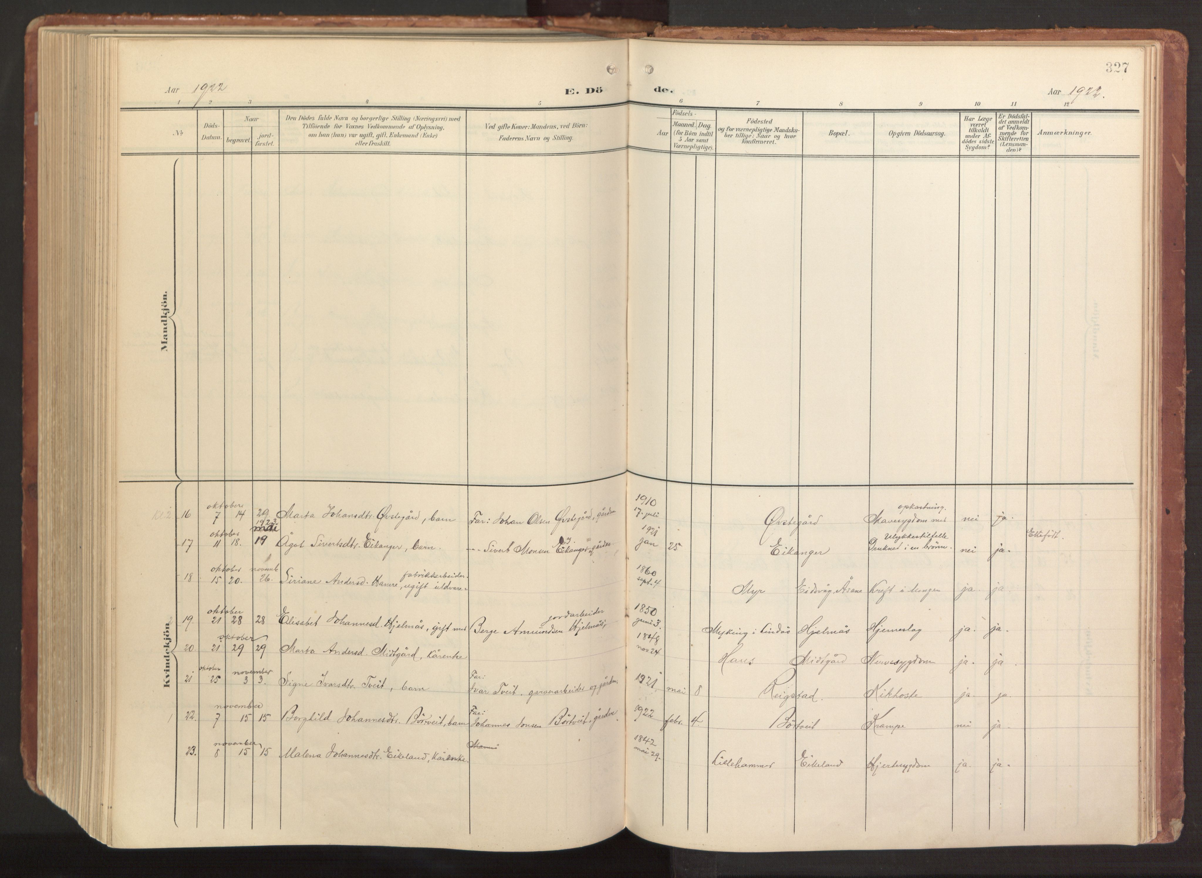 Hamre sokneprestembete, AV/SAB-A-75501/H/Ha/Haa/Haab/L0002: Parish register (official) no. B 2, 1905-1924, p. 327