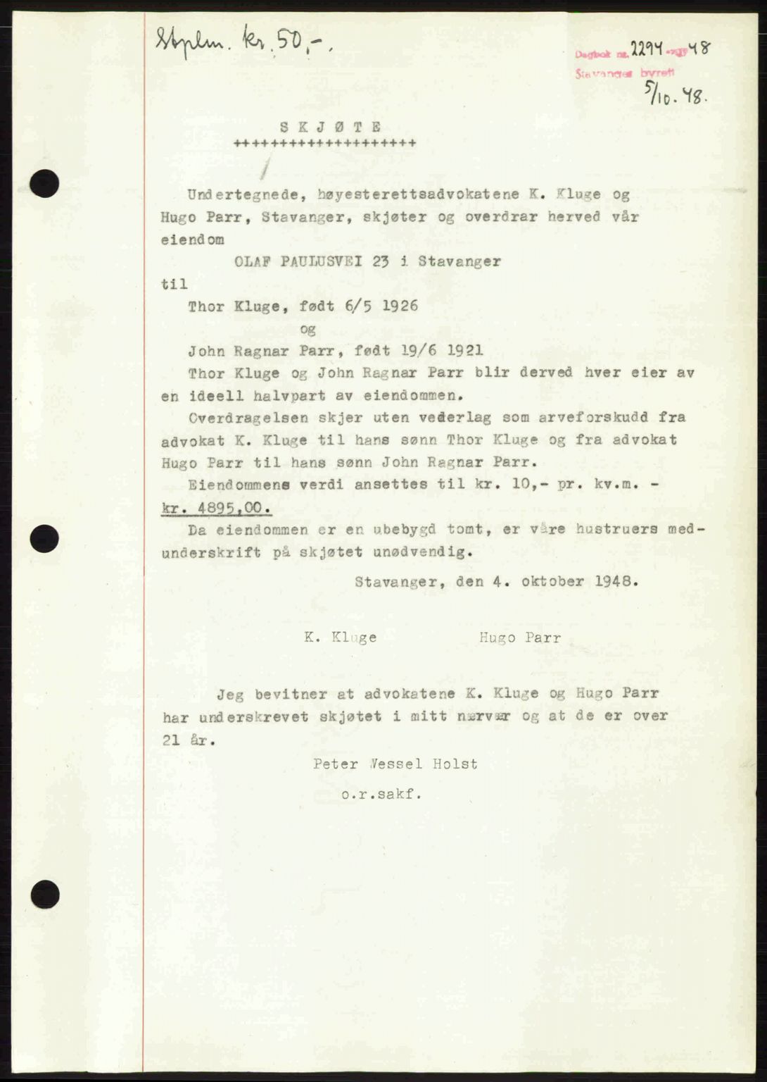 Stavanger byrett, SAST/A-100455/002/G/Gb/L0023: Mortgage book no. A12, 1948-1949, Diary no: : 2294/1948