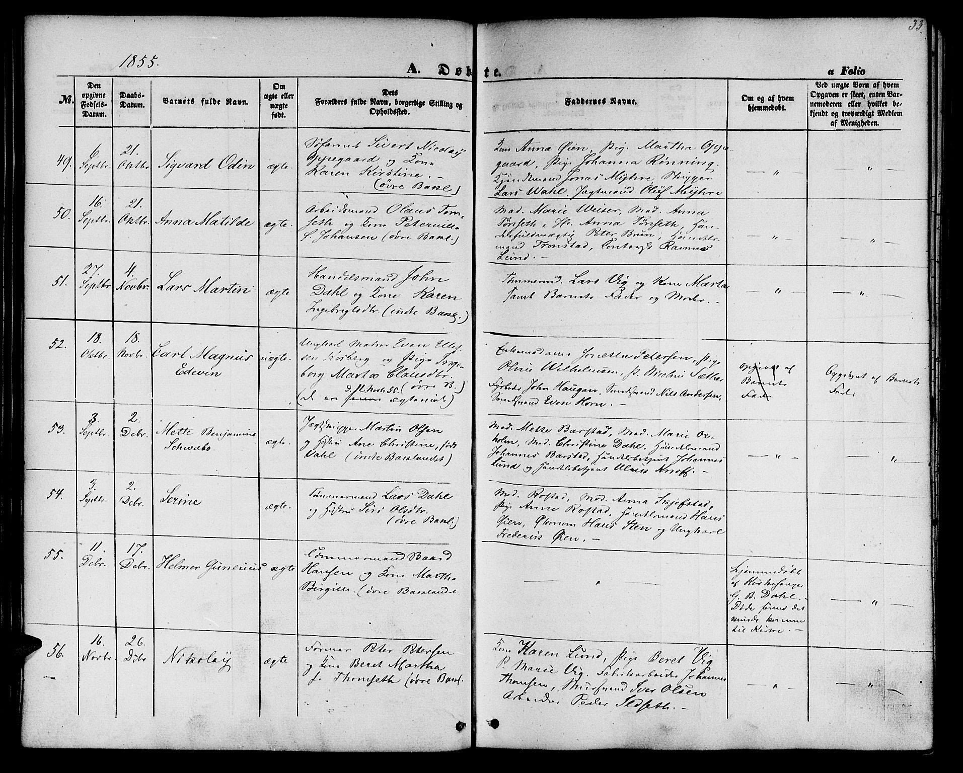 Ministerialprotokoller, klokkerbøker og fødselsregistre - Sør-Trøndelag, SAT/A-1456/604/L0184: Parish register (official) no. 604A05, 1851-1860, p. 33