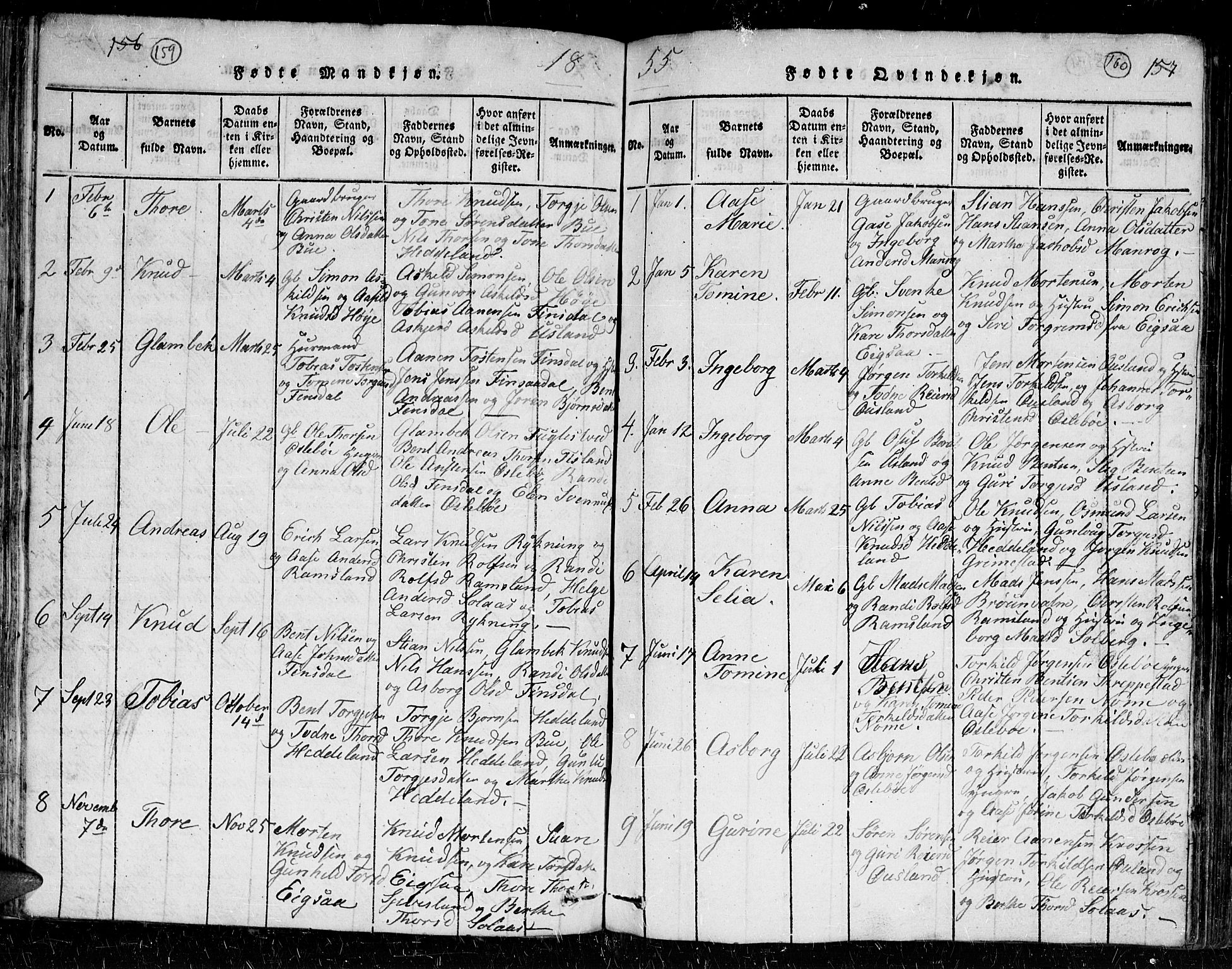 Holum sokneprestkontor, AV/SAK-1111-0022/F/Fb/Fbc/L0001: Parish register (copy) no. B 1, 1820-1859, p. 159-160