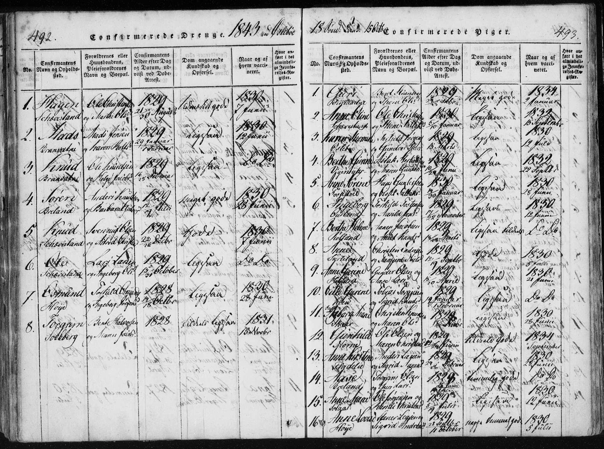 Holum sokneprestkontor, AV/SAK-1111-0022/F/Fa/Fac/L0002: Parish register (official) no. A 2, 1821-1859, p. 492-493