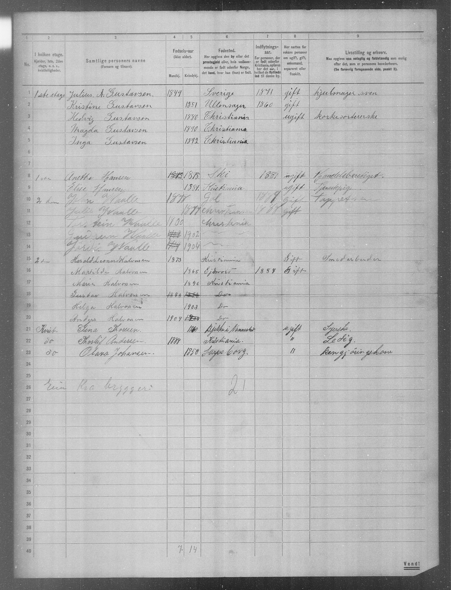 OBA, Municipal Census 1904 for Kristiania, 1904, p. 1837