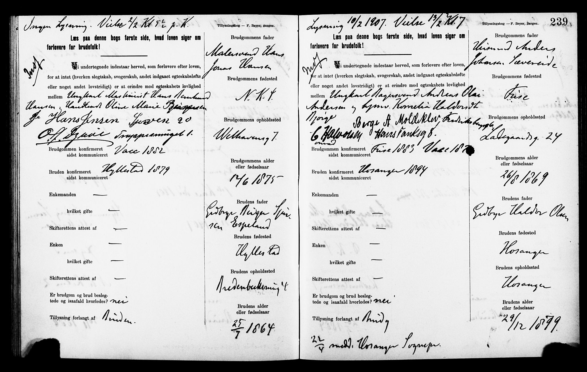 Korskirken sokneprestembete, AV/SAB-A-76101: Best man's statements no. II.5.8, 1903-1908, p. 239