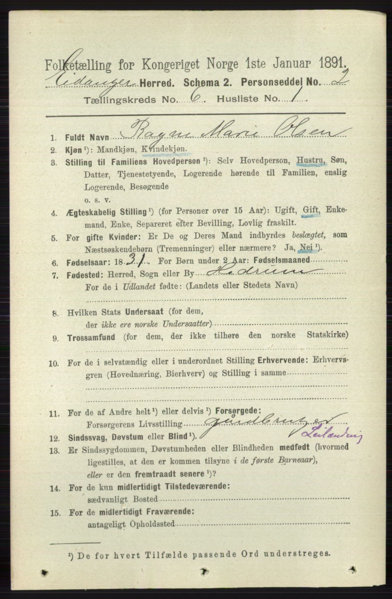 RA, 1891 census for 0813 Eidanger, 1891, p. 2569