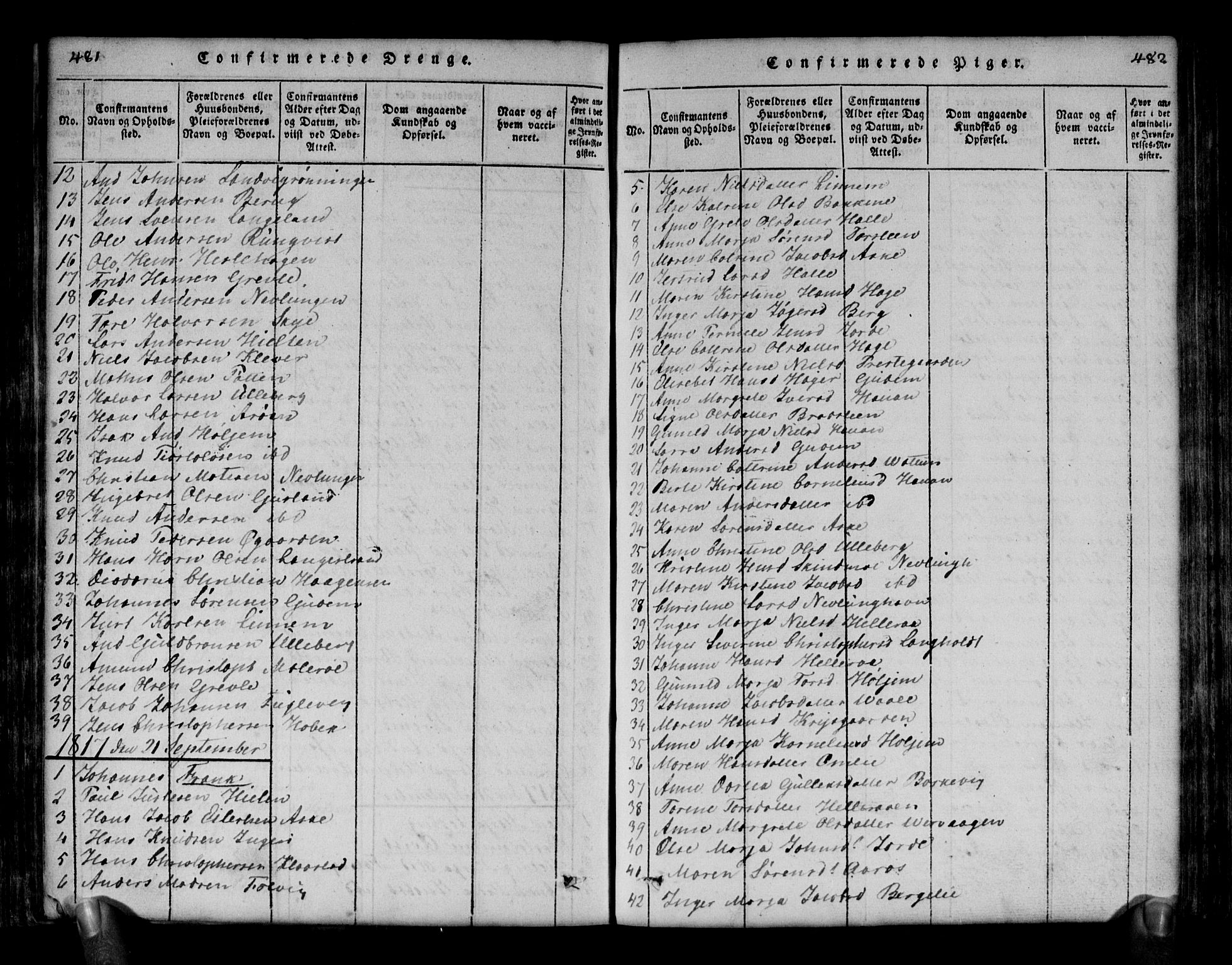 Brunlanes kirkebøker, AV/SAKO-A-342/G/Ga/L0001: Parish register (copy) no. I 1, 1814-1834, p. 481-482