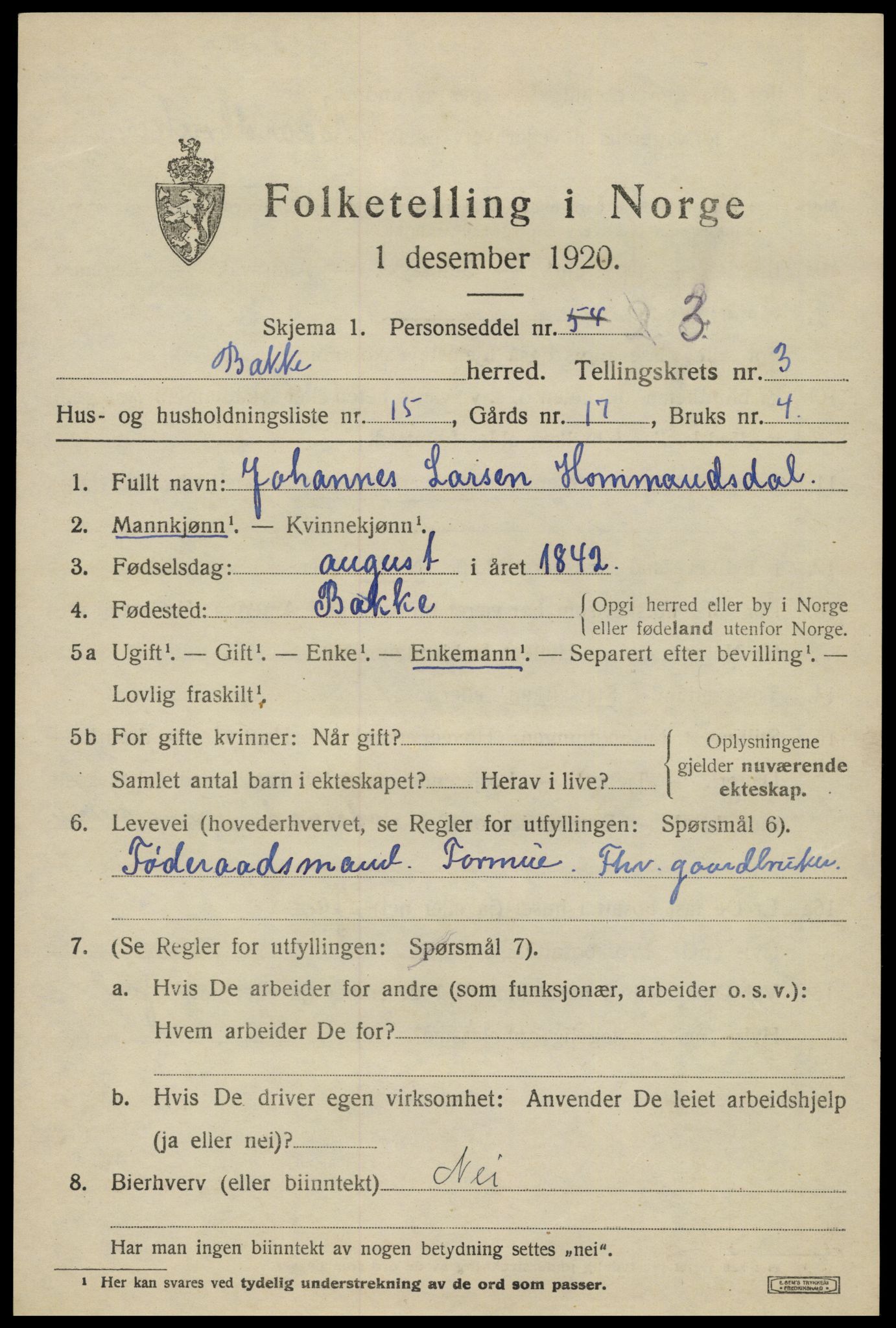 SAK, 1920 census for Bakke, 1920, p. 1090