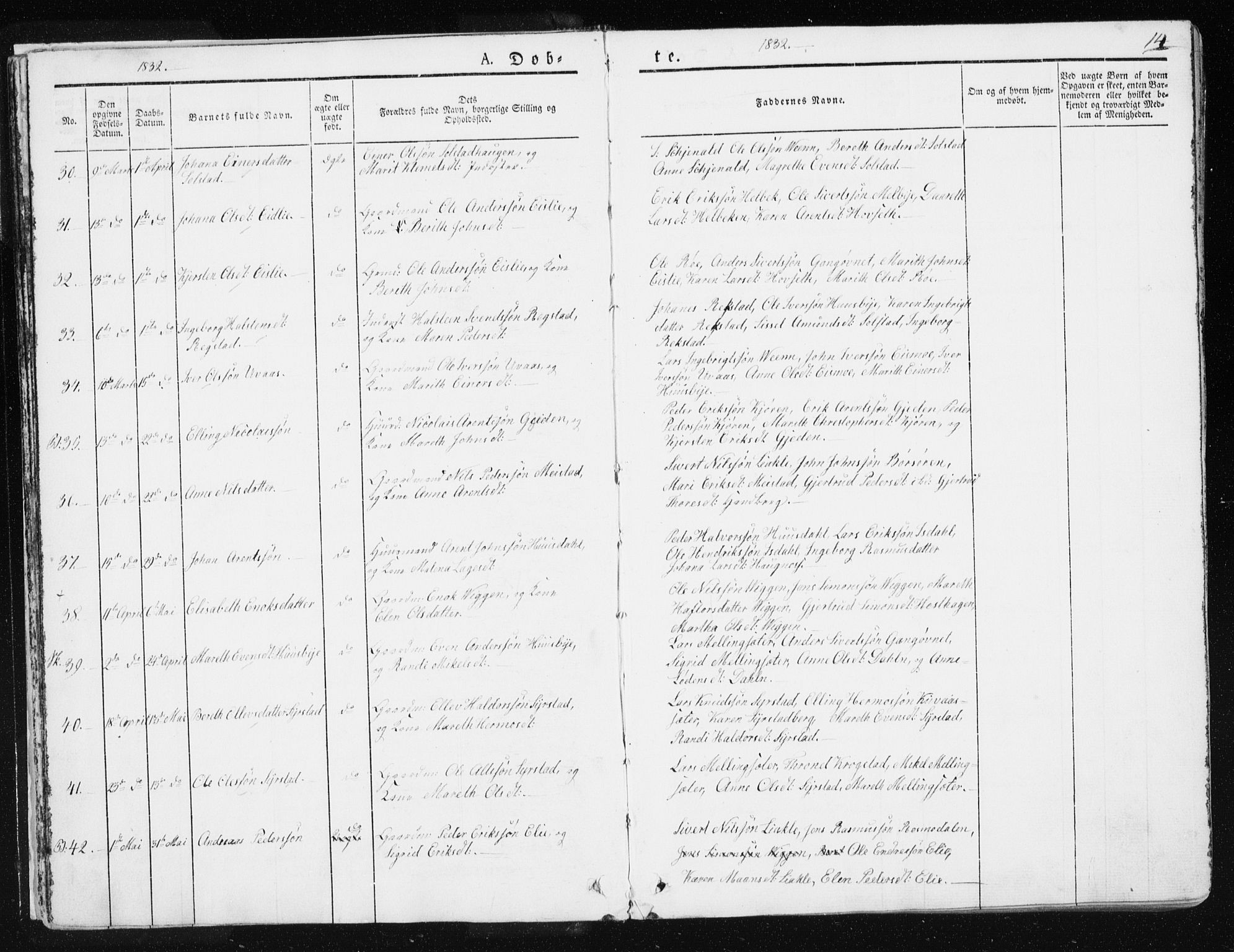 Ministerialprotokoller, klokkerbøker og fødselsregistre - Sør-Trøndelag, AV/SAT-A-1456/665/L0771: Parish register (official) no. 665A06, 1830-1856, p. 14