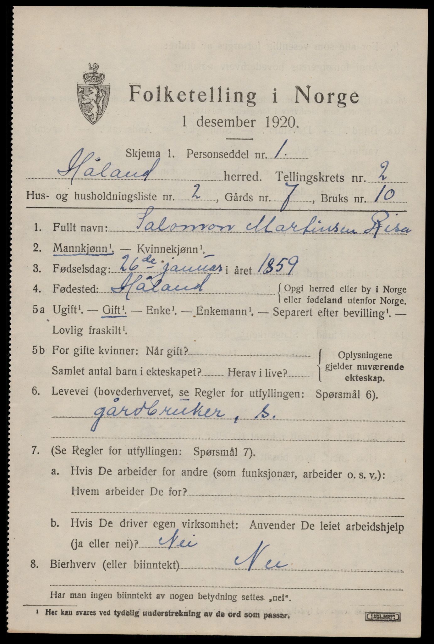 SAST, 1920 census for Håland, 1920, p. 2619