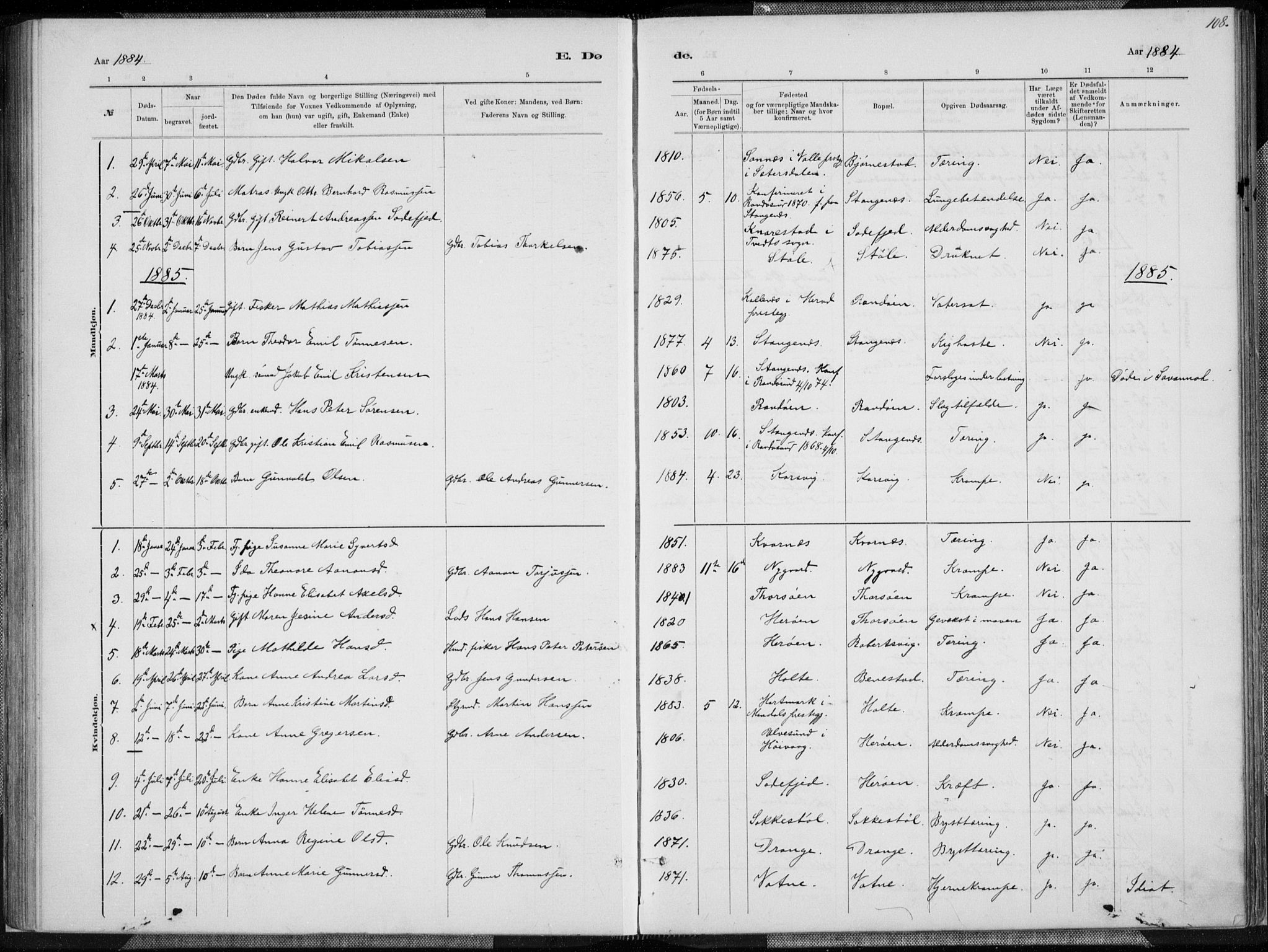 Oddernes sokneprestkontor, SAK/1111-0033/F/Fa/Fab/L0002: Parish register (official) no. A 2, 1884-1903, p. 108