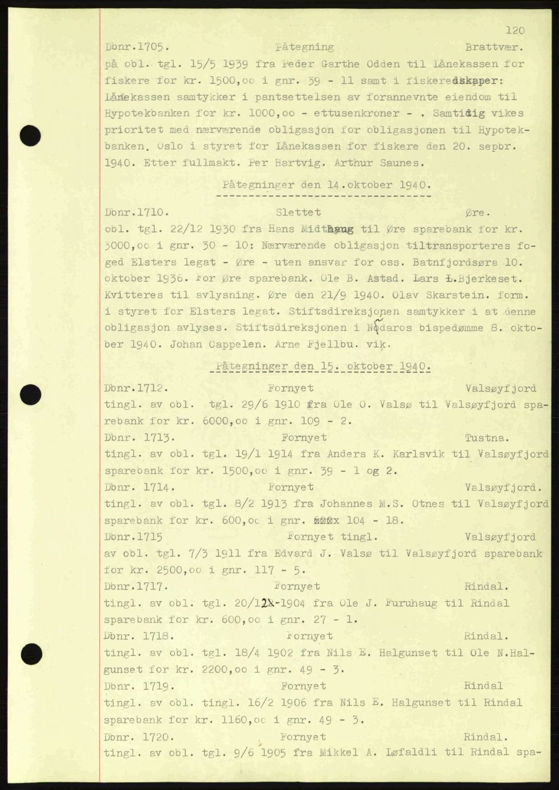 Nordmøre sorenskriveri, AV/SAT-A-4132/1/2/2Ca: Mortgage book no. C81, 1940-1945, Diary no: : 1705/1940