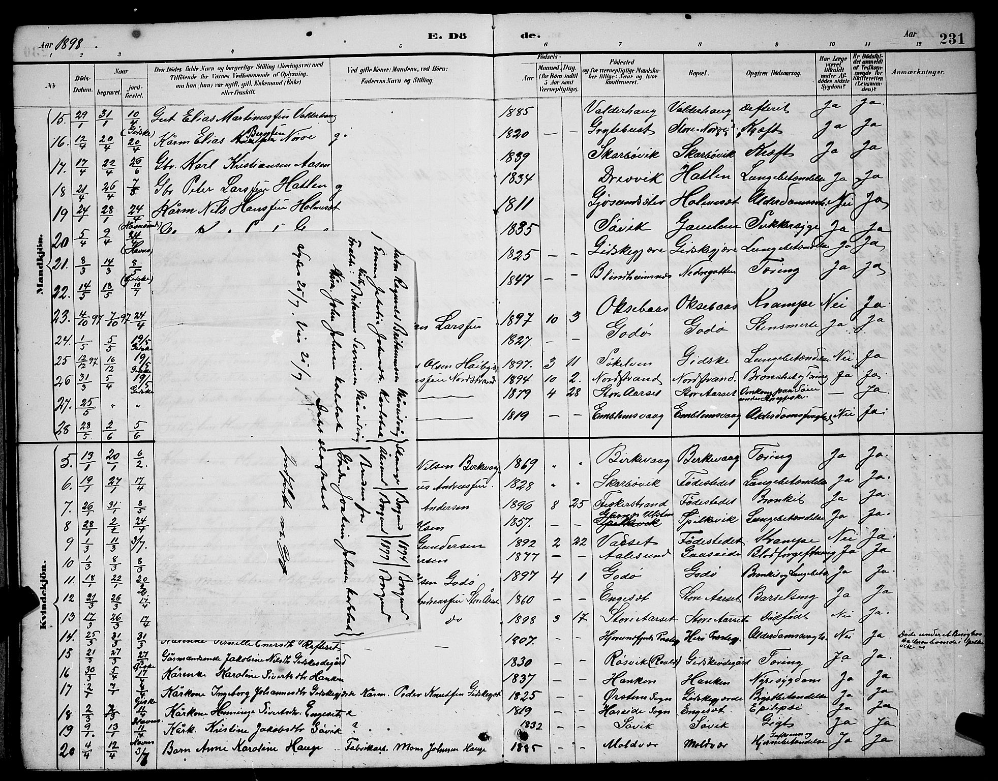 Ministerialprotokoller, klokkerbøker og fødselsregistre - Møre og Romsdal, SAT/A-1454/528/L0430: Parish register (copy) no. 528C11, 1884-1899, p. 231