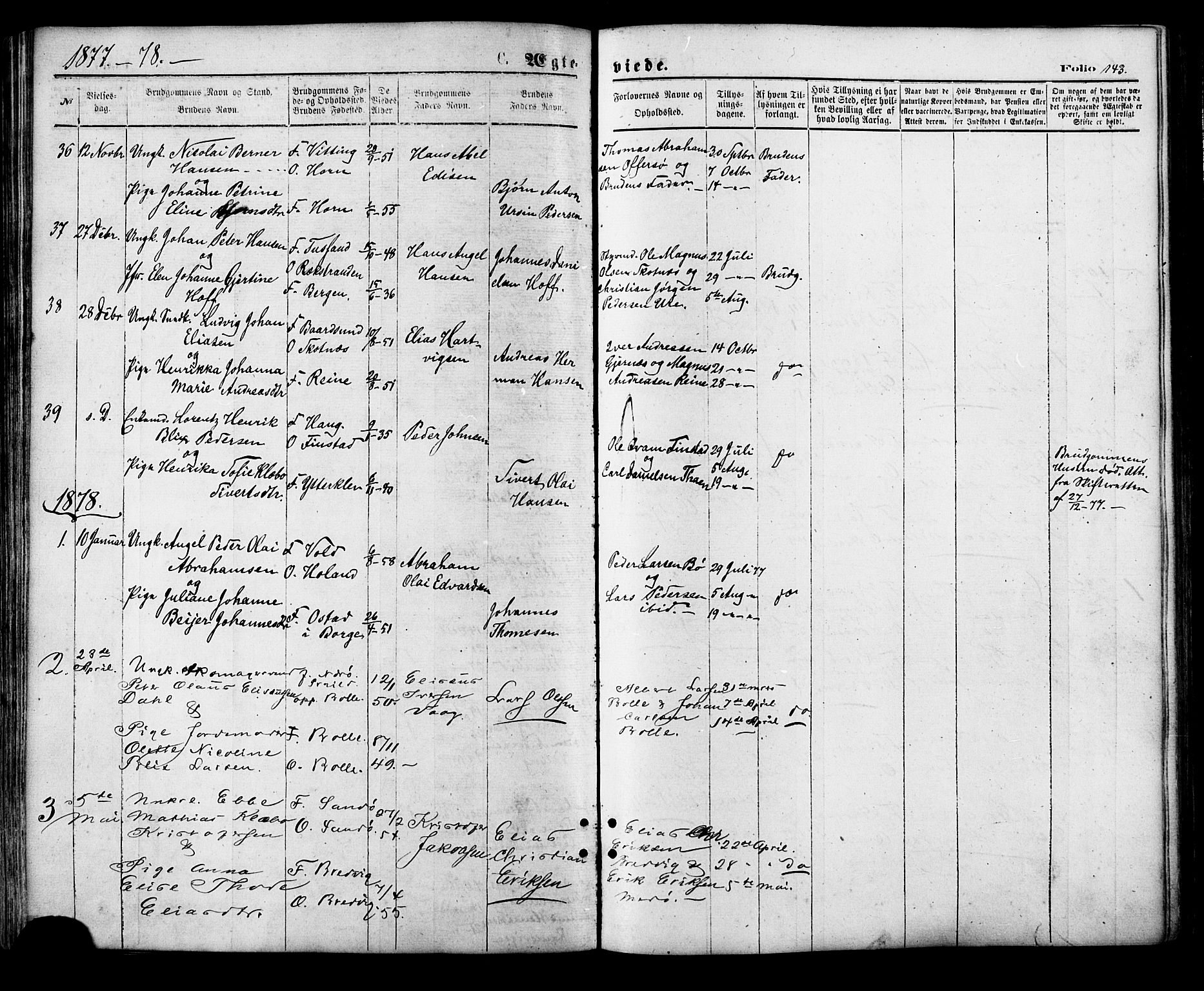 Ministerialprotokoller, klokkerbøker og fødselsregistre - Nordland, AV/SAT-A-1459/881/L1166: Parish register (copy) no. 881C03, 1876-1885, p. 143
