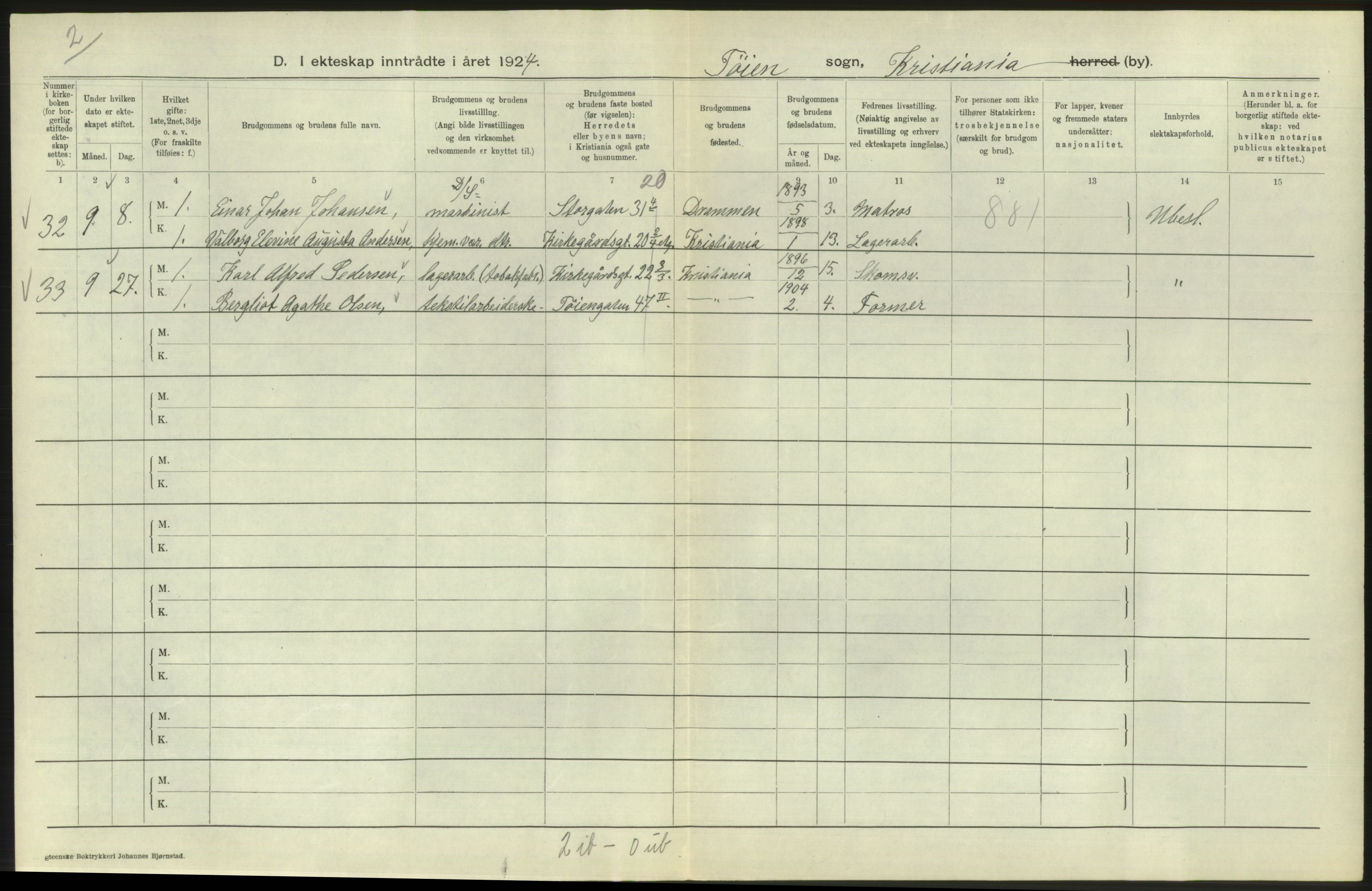 Statistisk sentralbyrå, Sosiodemografiske emner, Befolkning, AV/RA-S-2228/D/Df/Dfc/Dfcd/L0007: Kristiania: Gifte, 1924, p. 706