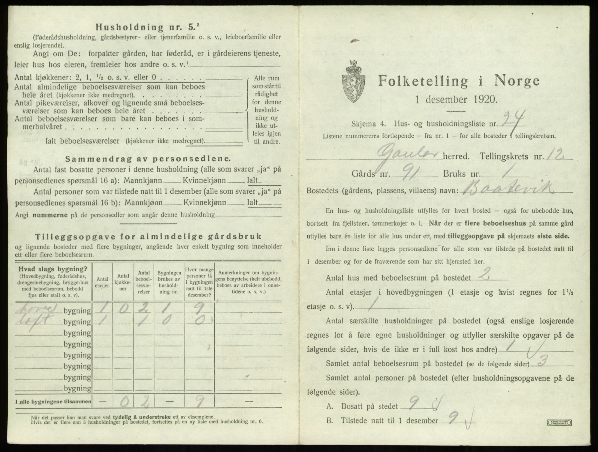 SAB, 1920 census for Gaular, 1920, p. 939