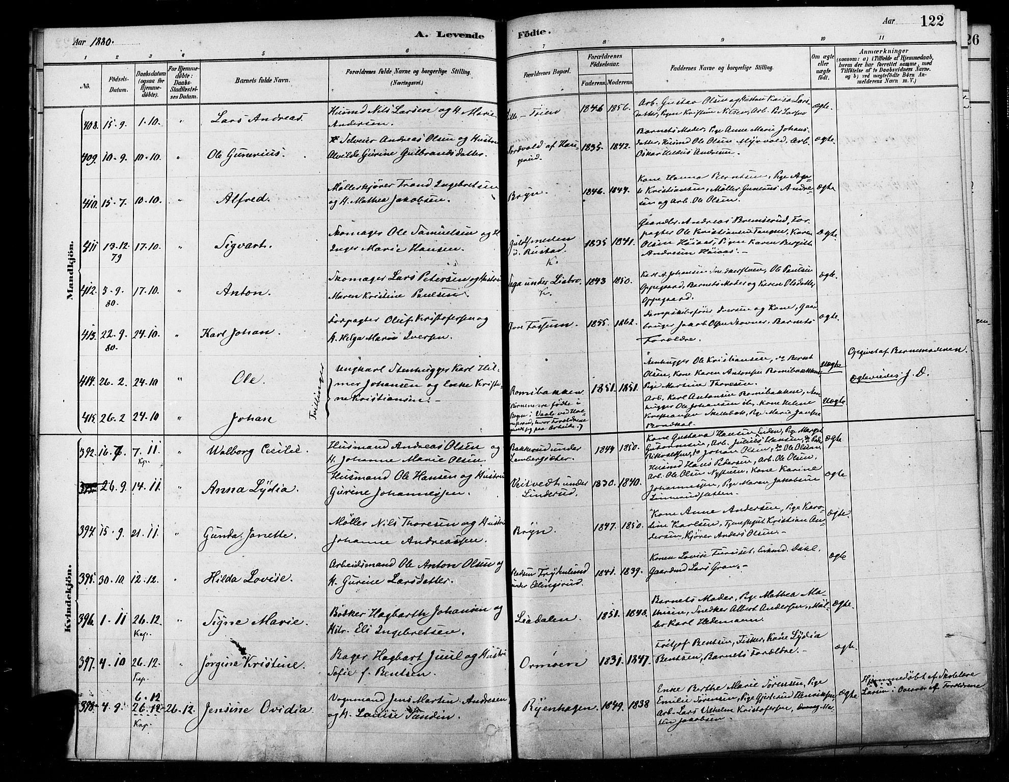 Østre Aker prestekontor Kirkebøker, AV/SAO-A-10840/F/Fa/L0006: Parish register (official) no. I 5, 1879-1882, p. 122