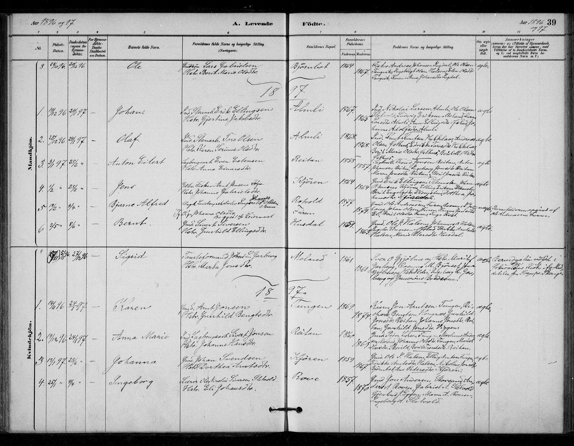 Ministerialprotokoller, klokkerbøker og fødselsregistre - Sør-Trøndelag, SAT/A-1456/670/L0836: Parish register (official) no. 670A01, 1879-1904, p. 39