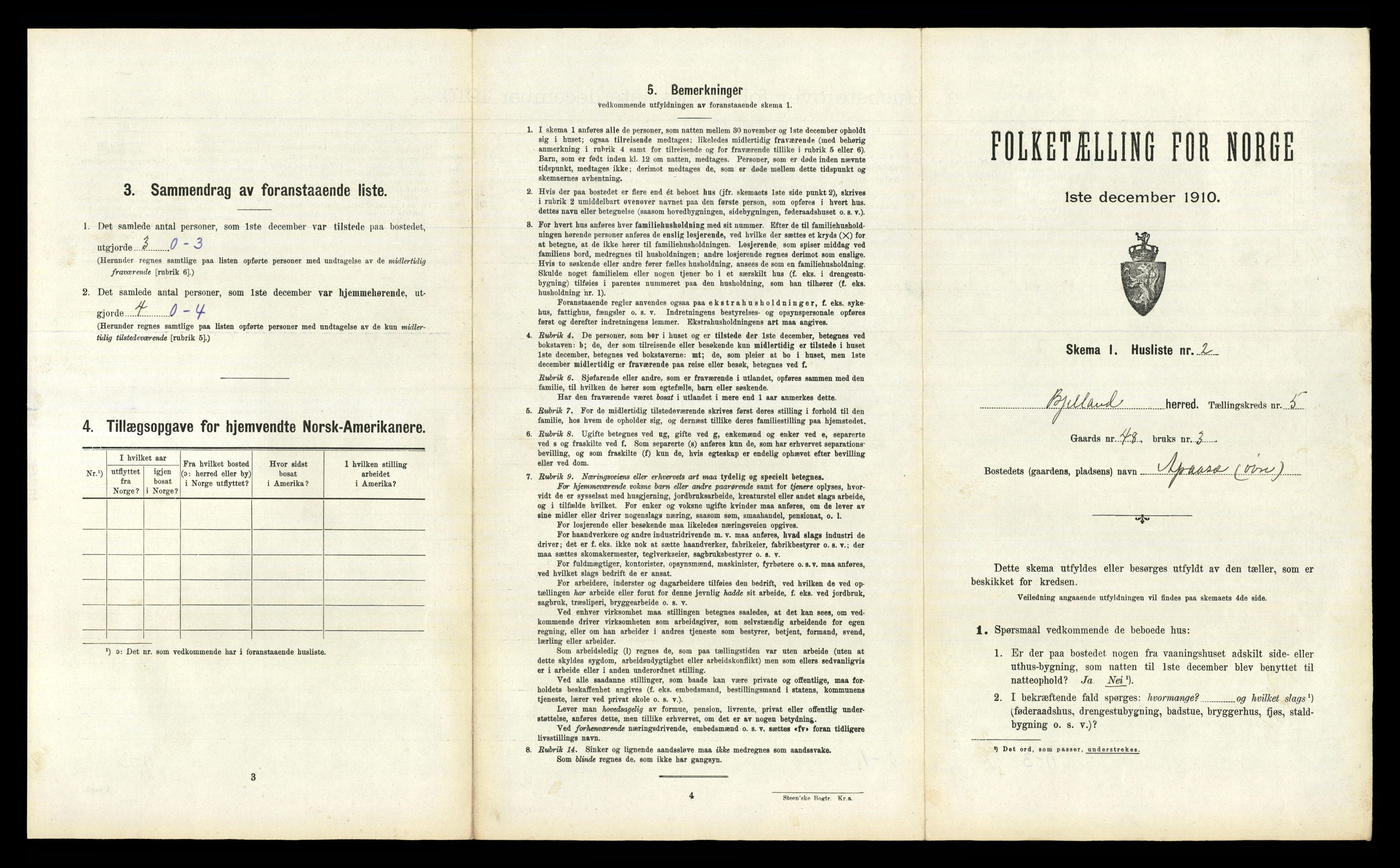 RA, 1910 census for Bjelland, 1910, p. 288