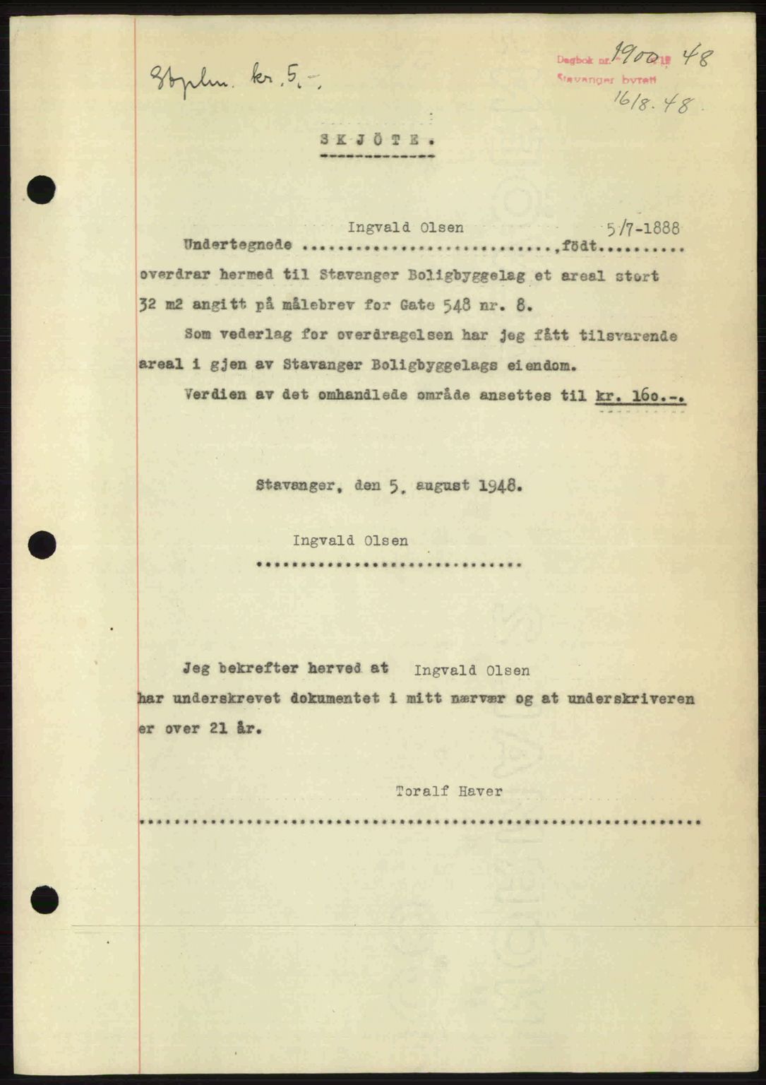 Stavanger byrett, SAST/A-100455/002/G/Gb/L0022: Mortgage book no. A11, 1947-1948, Diary no: : 1900/1948