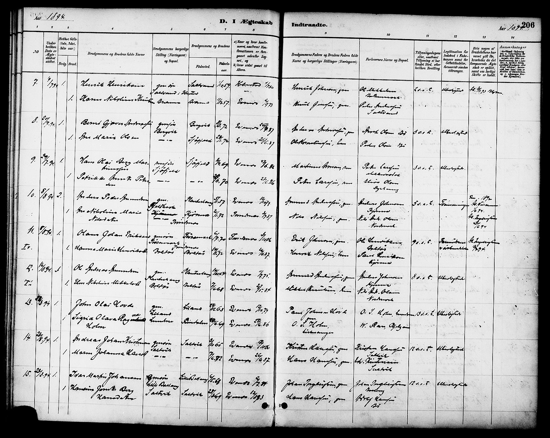 Ministerialprotokoller, klokkerbøker og fødselsregistre - Nordland, AV/SAT-A-1459/863/L0898: Parish register (official) no. 863A10, 1886-1897, p. 206