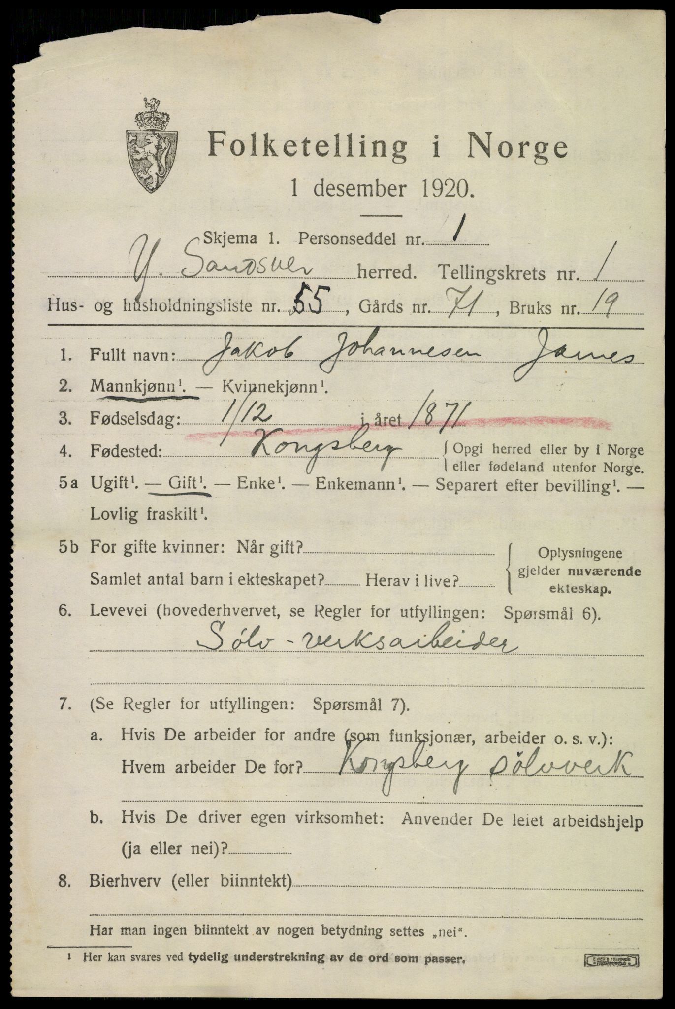 SAKO, 1920 census for Ytre Sandsvær, 1920, p. 1724