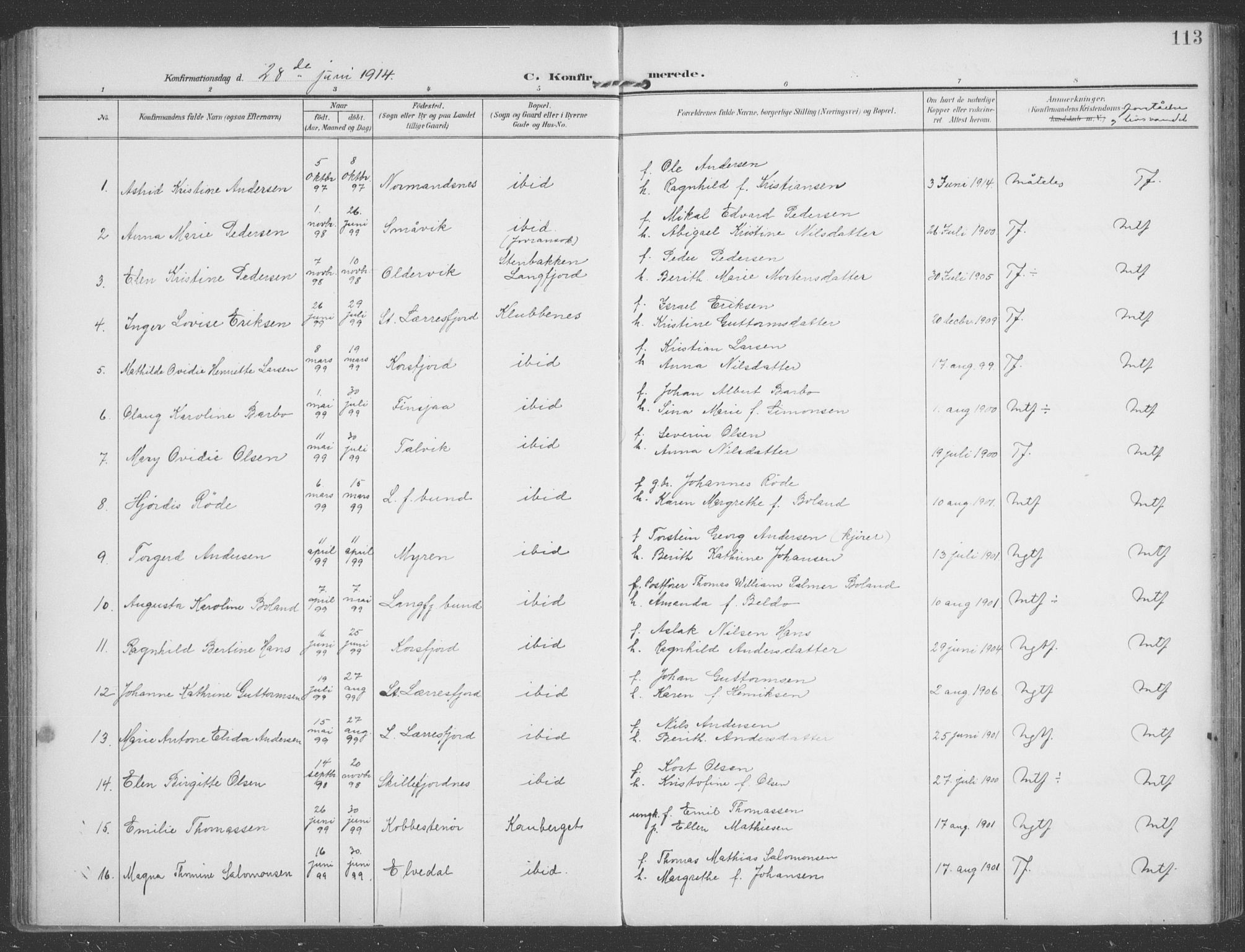 Talvik sokneprestkontor, SATØ/S-1337/H/Ha/L0017kirke: Parish register (official) no. 17, 1906-1915, p. 113