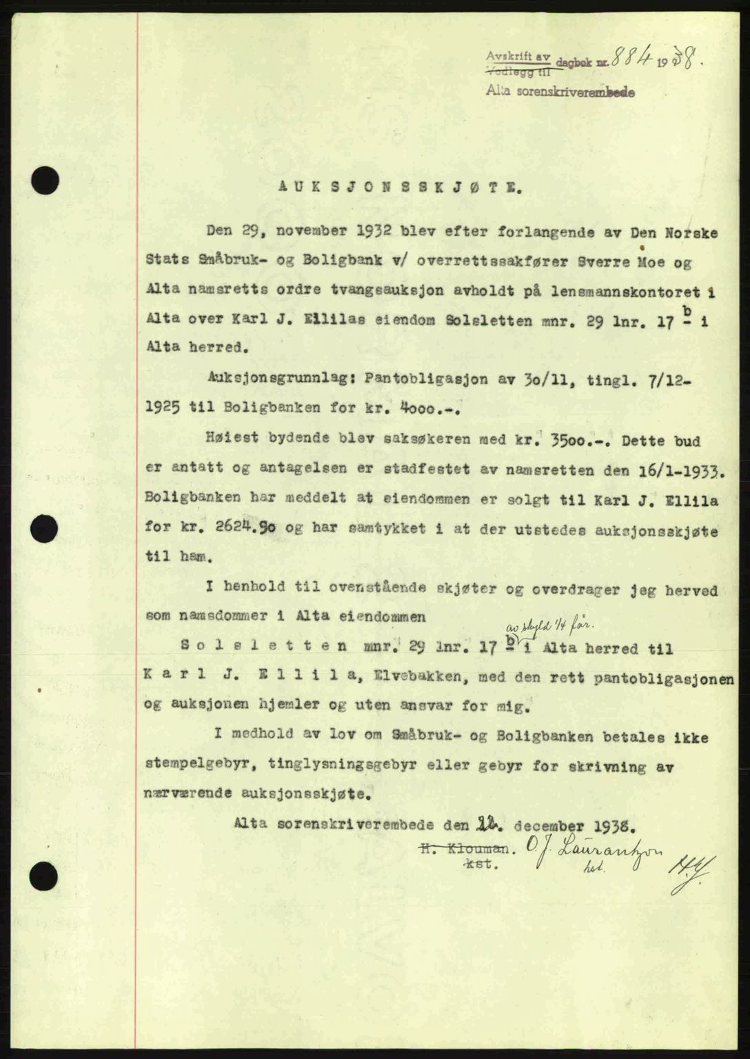 Alta fogderi/sorenskriveri, SATØ/SATØ-5/1/K/Kd/L0031pantebok: Mortgage book no. 31, 1938-1939, Diary no: : 884/1938