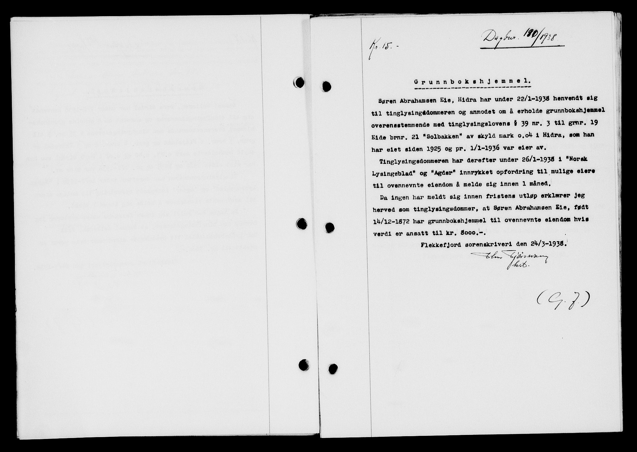 Flekkefjord sorenskriveri, SAK/1221-0001/G/Gb/Gba/L0054: Mortgage book no. A-2, 1937-1938, Diary no: : 190/1938