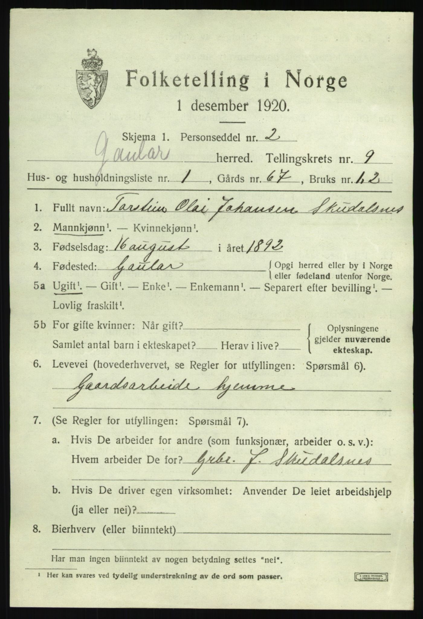 SAB, 1920 census for Gaular, 1920, p. 4166