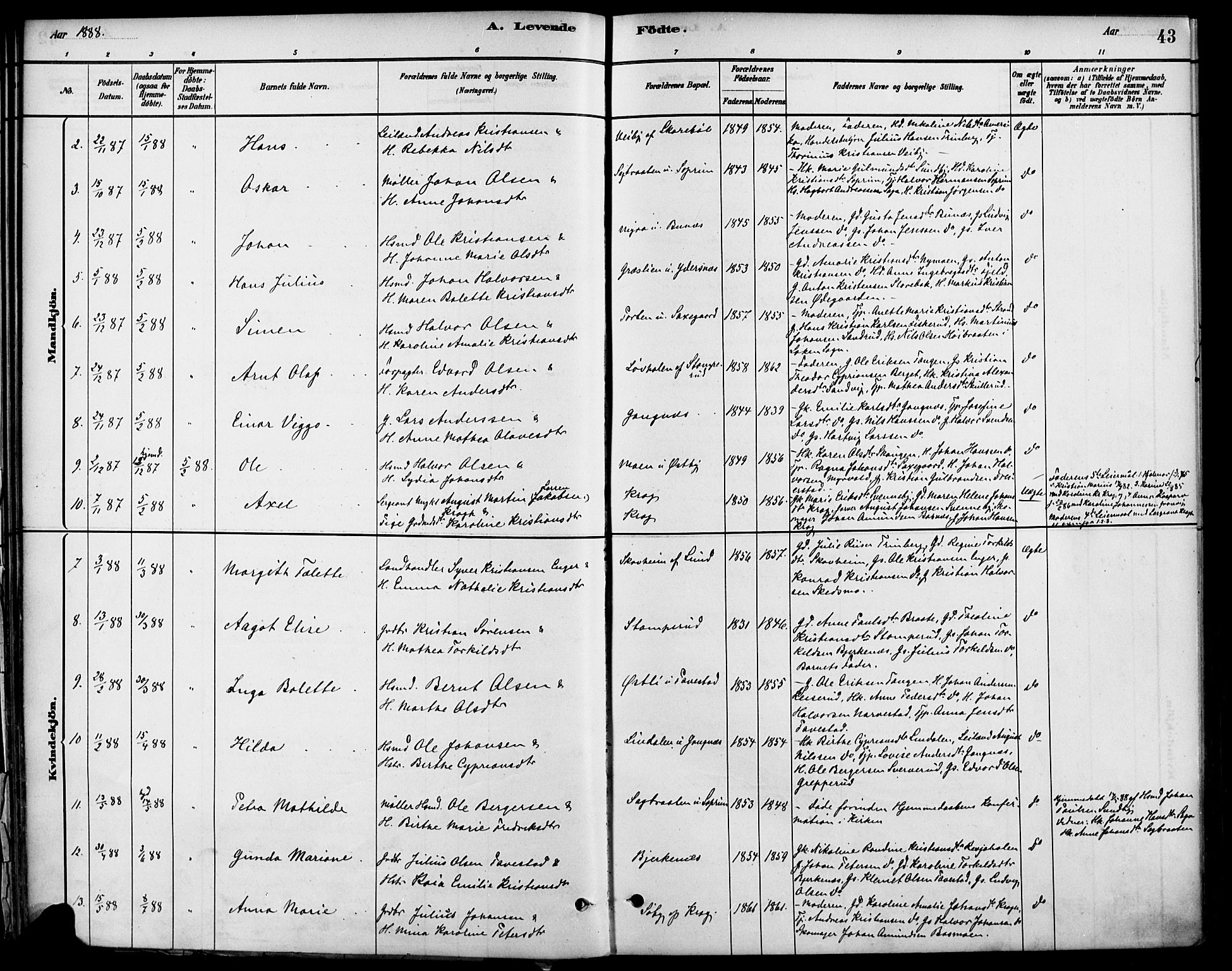 Høland prestekontor Kirkebøker, AV/SAO-A-10346a/F/Fb/L0001: Parish register (official) no. II 1, 1880-1897, p. 43