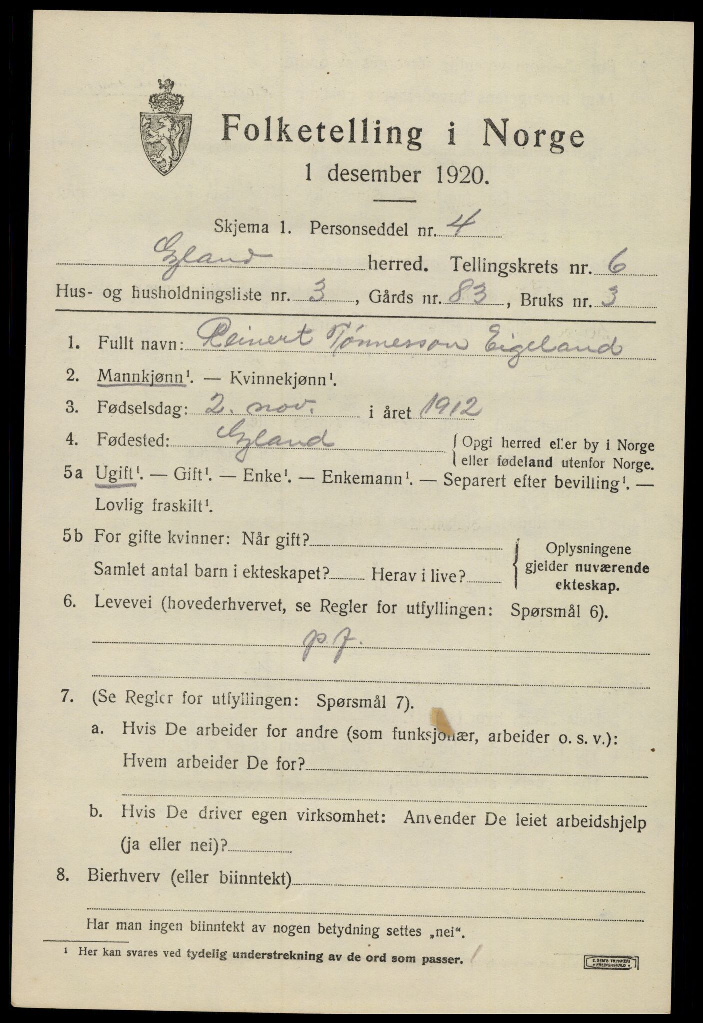 SAK, 1920 census for Gyland, 1920, p. 1350
