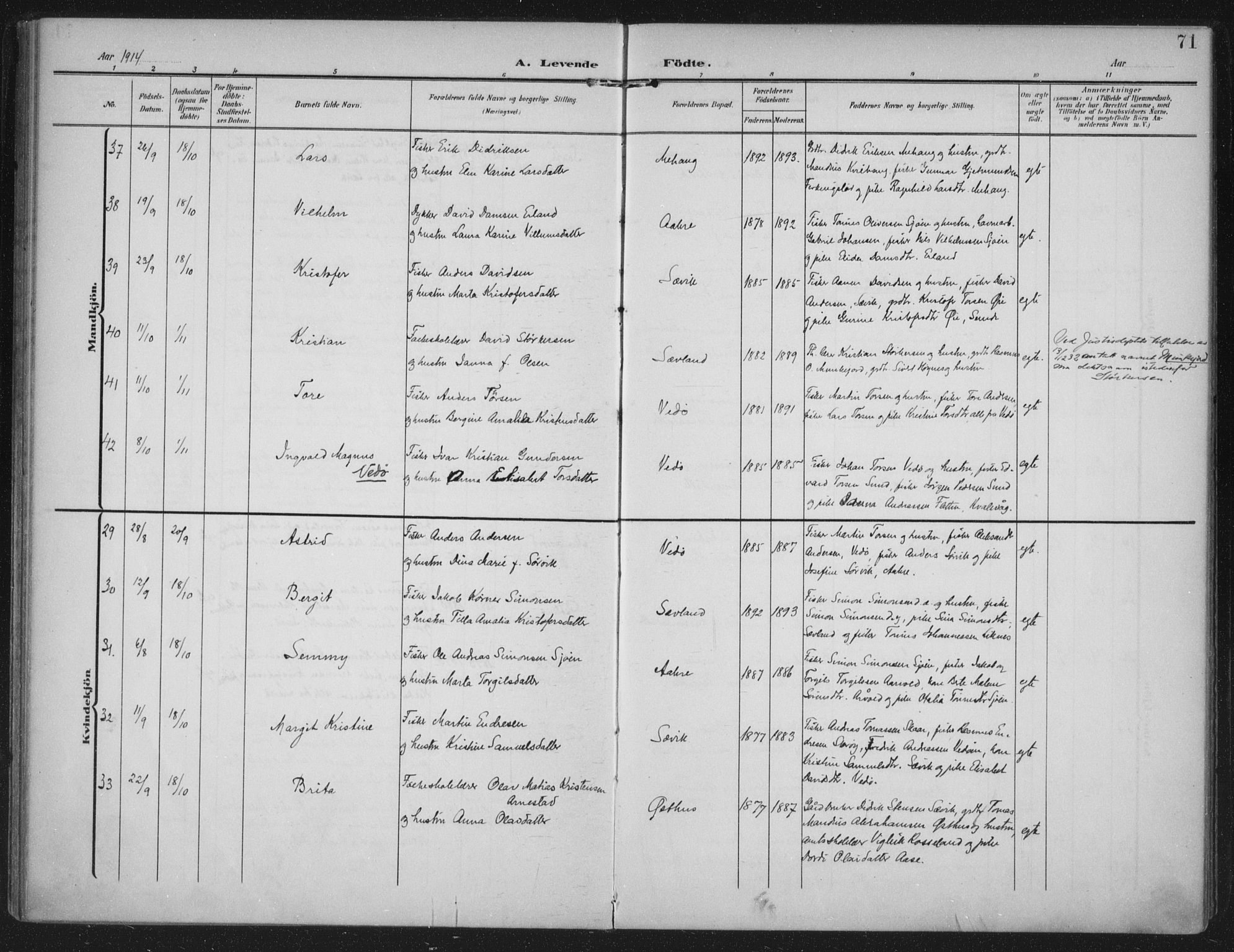 Kopervik sokneprestkontor, AV/SAST-A-101850/H/Ha/Haa/L0005: Parish register (official) no. A 5, 1906-1924, p. 71