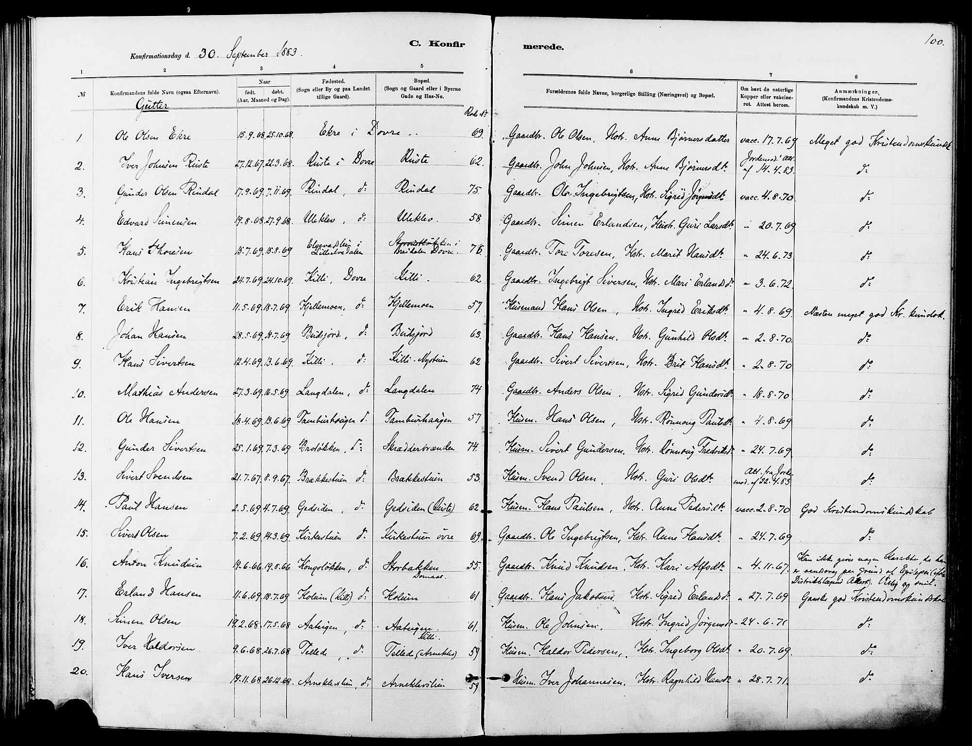 Dovre prestekontor, SAH/PREST-066/H/Ha/Haa/L0002: Parish register (official) no. 2, 1879-1890, p. 100