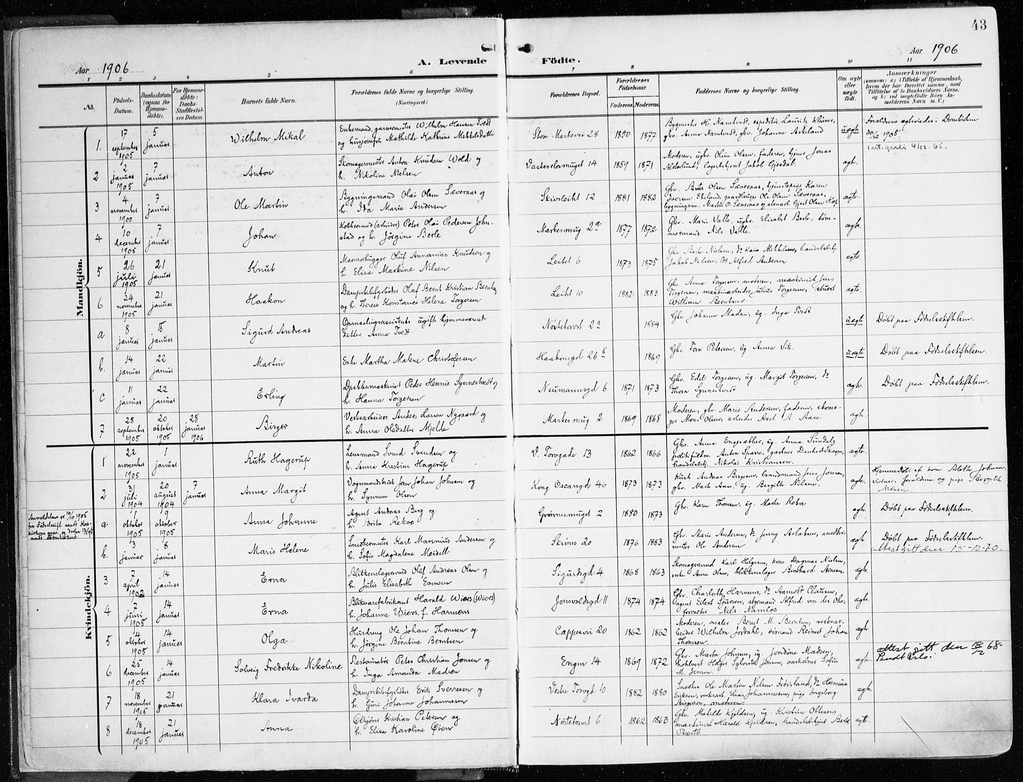 Domkirken sokneprestembete, SAB/A-74801/H/Haa/L0025: Parish register (official) no. B 8, 1903-1925, p. 43