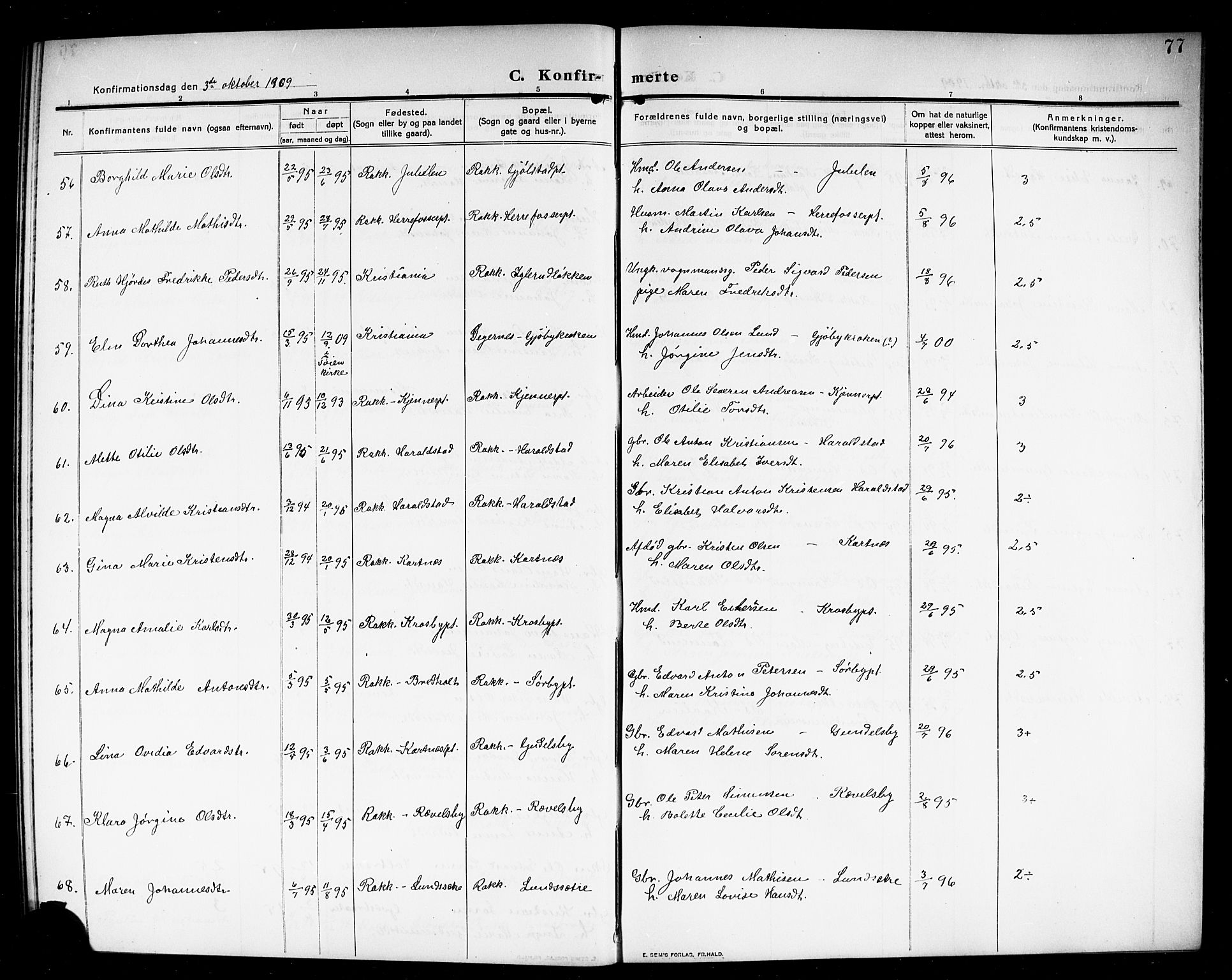 Rakkestad prestekontor Kirkebøker, AV/SAO-A-2008/G/Ga/L0001: Parish register (copy) no. I 1, 1909-1920, p. 77