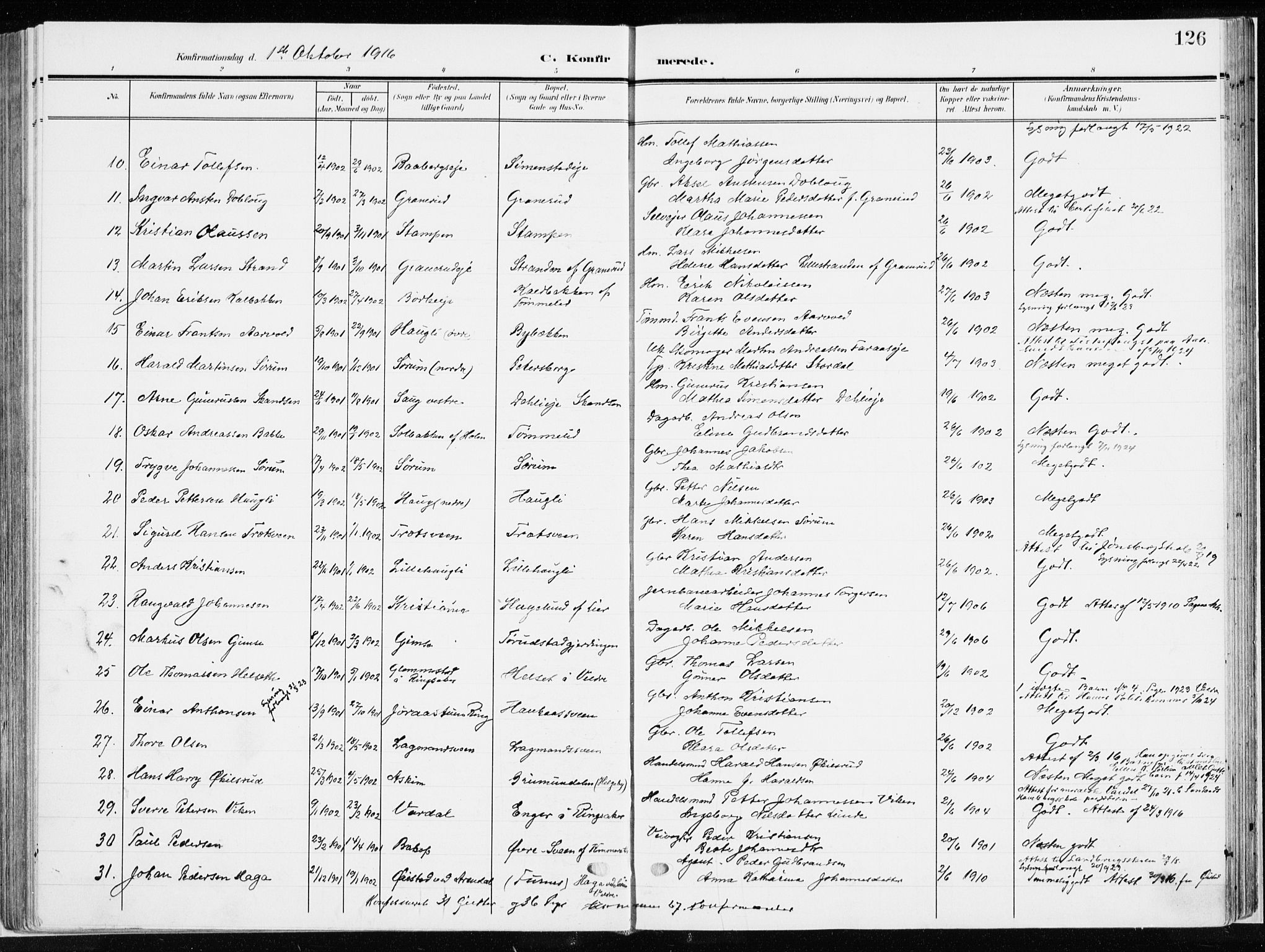 Ringsaker prestekontor, SAH/PREST-014/K/Ka/L0019: Parish register (official) no. 19, 1905-1920, p. 126
