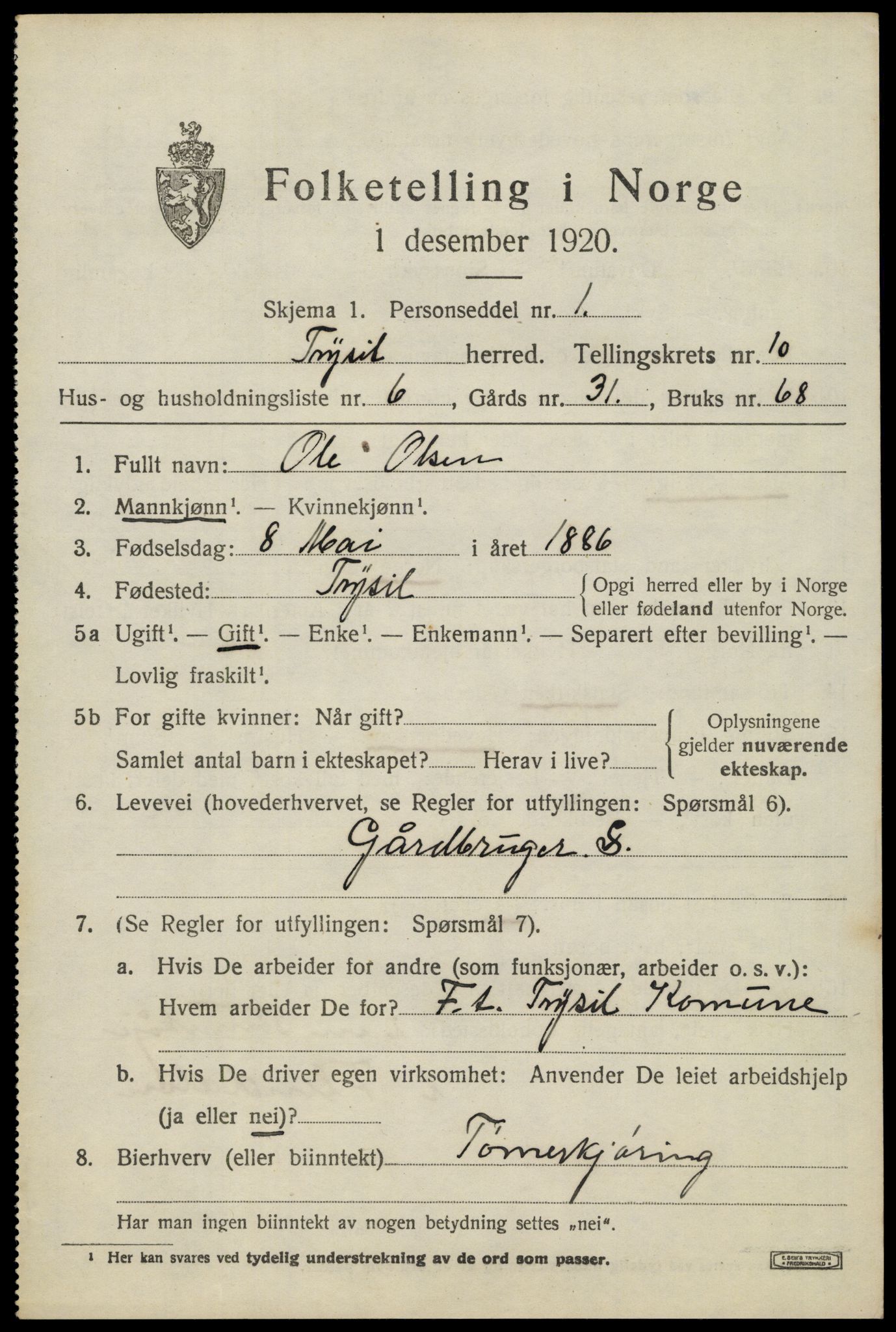 SAH, 1920 census for Trysil, 1920, p. 6921