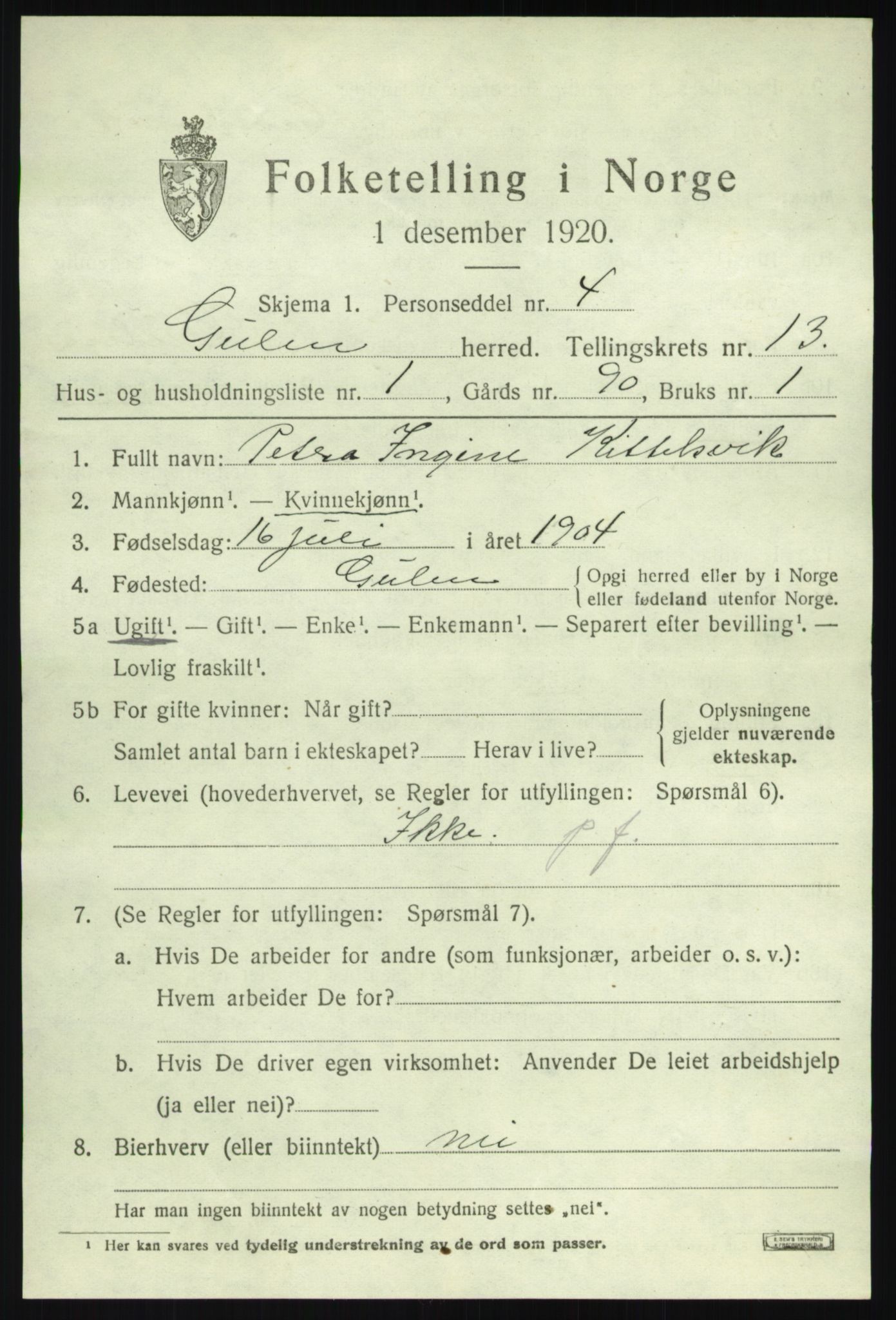 SAB, 1920 census for Gulen, 1920, p. 5803