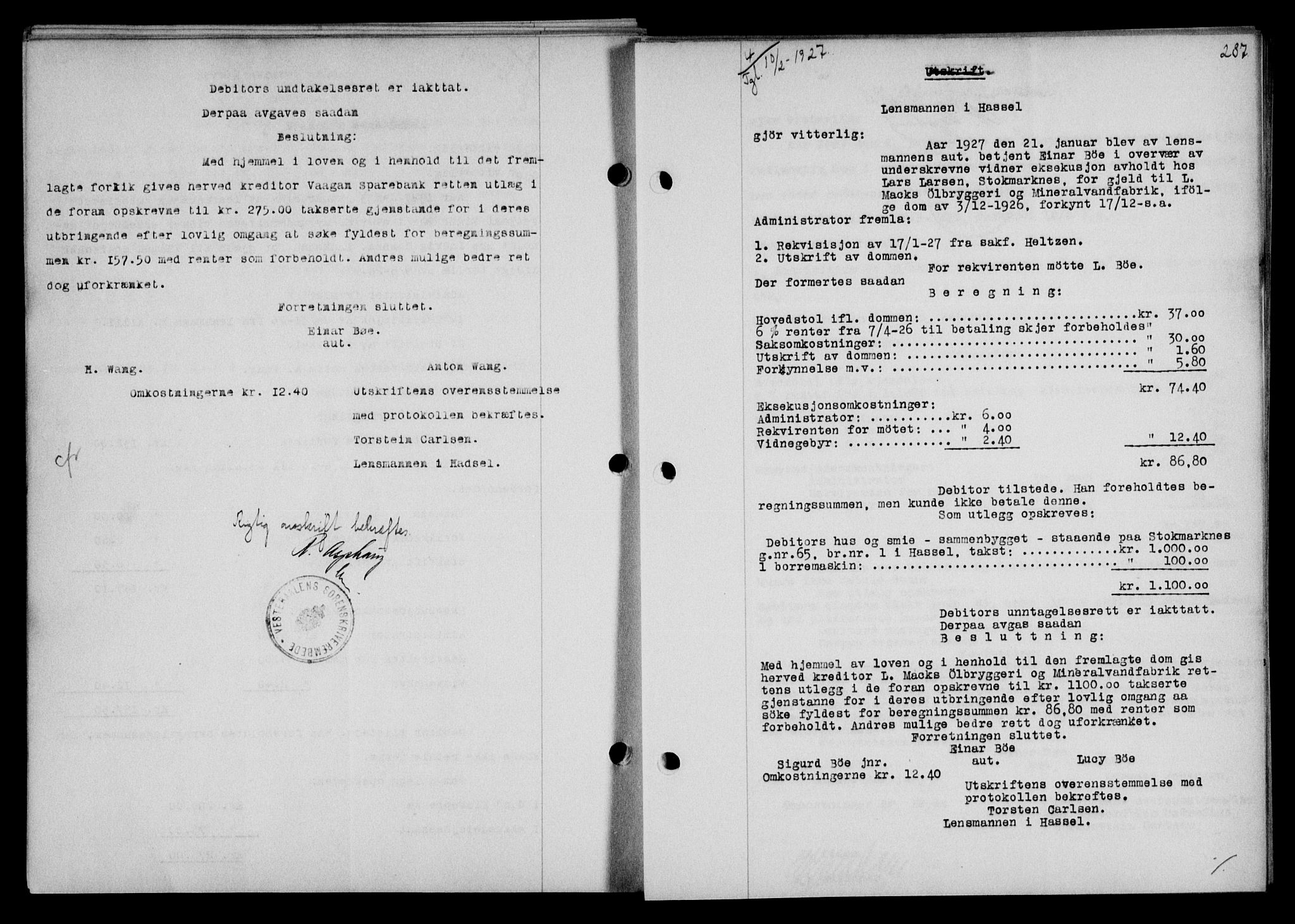 Vesterålen sorenskriveri, SAT/A-4180/1/2/2Ca/L0043: Mortgage book no. 36, 1926-1927, Deed date: 10.02.1927