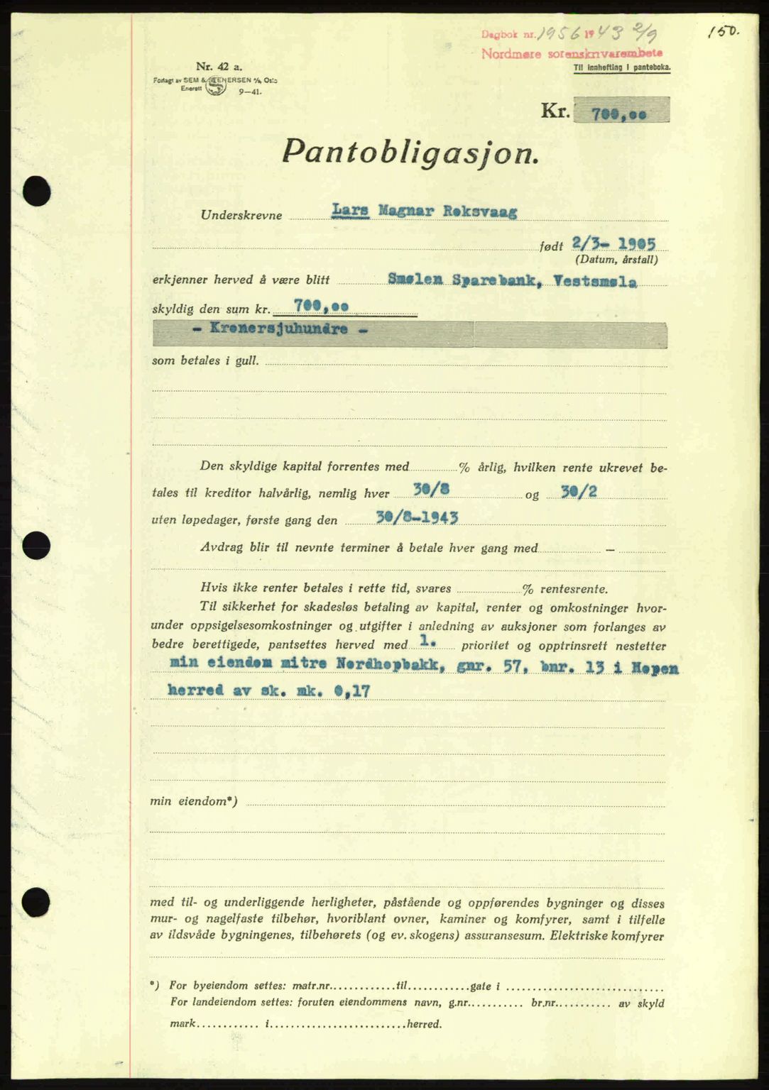 Nordmøre sorenskriveri, AV/SAT-A-4132/1/2/2Ca: Mortgage book no. B91, 1943-1944, Diary no: : 1956/1943