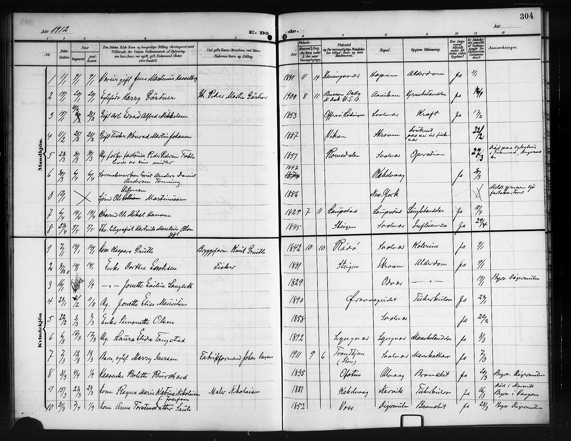 Ministerialprotokoller, klokkerbøker og fødselsregistre - Nordland, AV/SAT-A-1459/874/L1079: Parish register (copy) no. 874C08, 1907-1915, p. 304