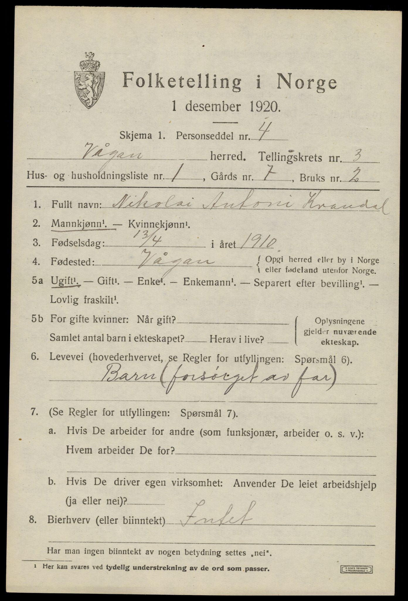 SAT, 1920 census for Vågan, 1920, p. 2573