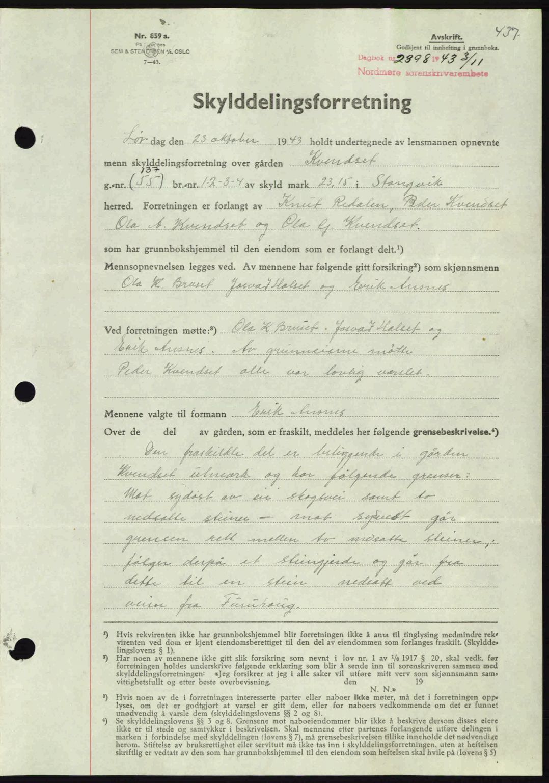 Nordmøre sorenskriveri, AV/SAT-A-4132/1/2/2Ca: Mortgage book no. A96, 1943-1944, Diary no: : 2398/1943