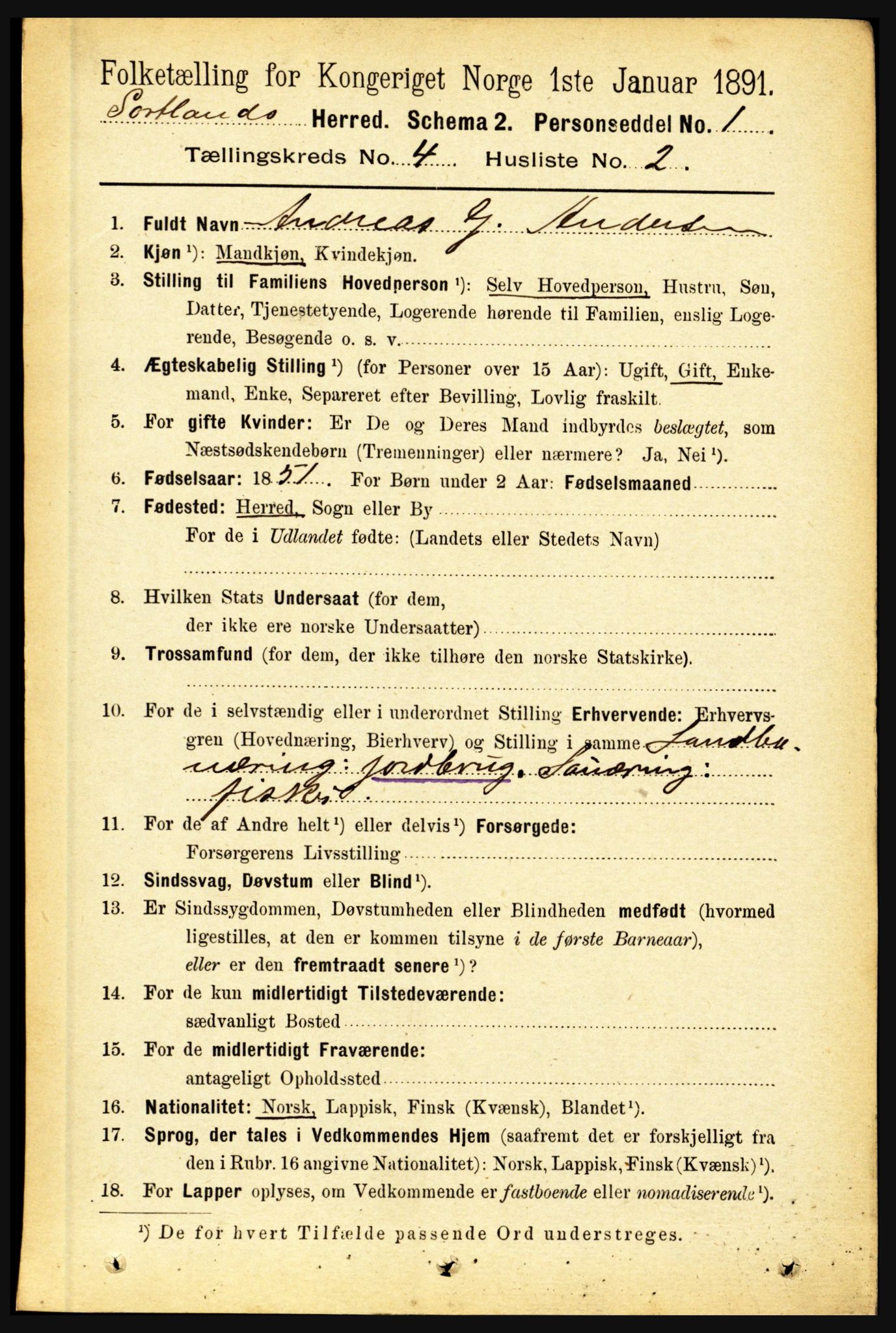 RA, 1891 census for 1870 Sortland, 1891, p. 2723