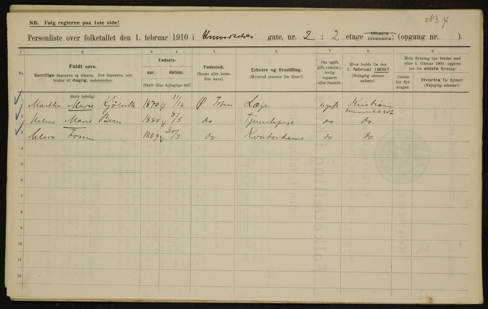 OBA, Municipal Census 1910 for Kristiania, 1910, p. 113684