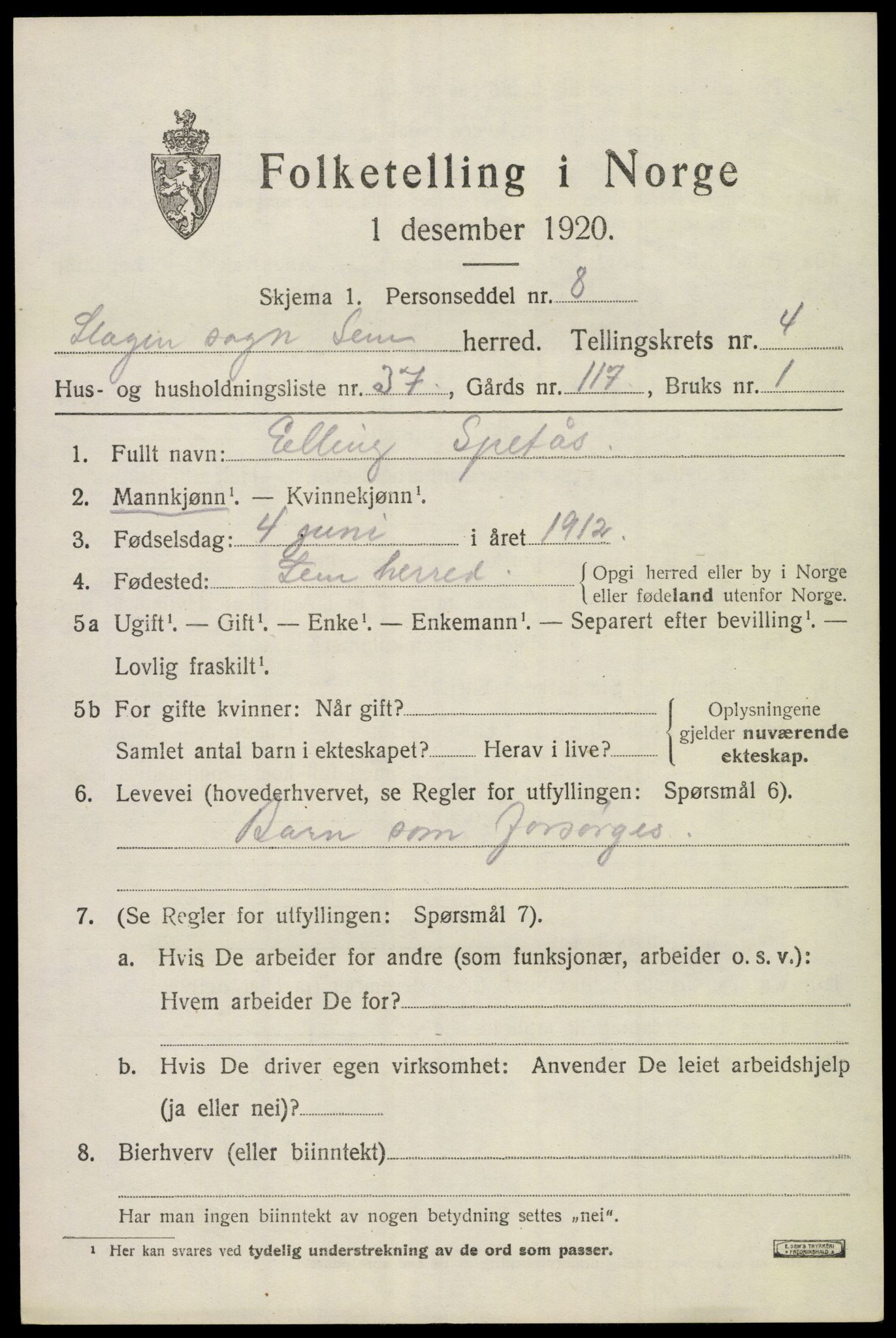 SAKO, 1920 census for Sem, 1920, p. 7485