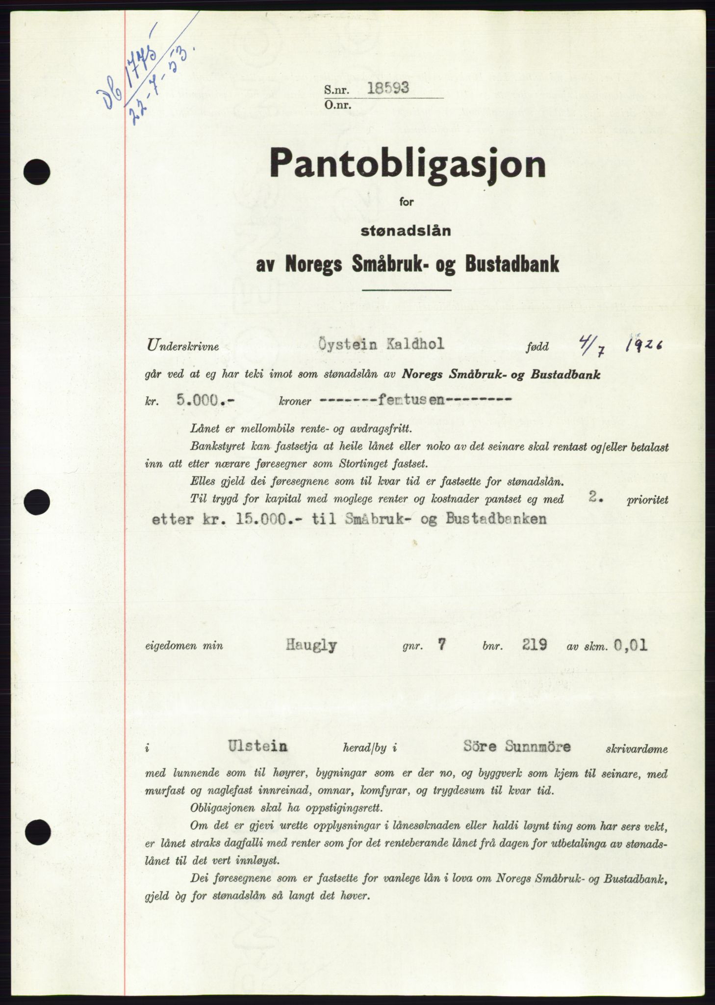 Søre Sunnmøre sorenskriveri, AV/SAT-A-4122/1/2/2C/L0123: Mortgage book no. 11B, 1953-1953, Diary no: : 1775/1953