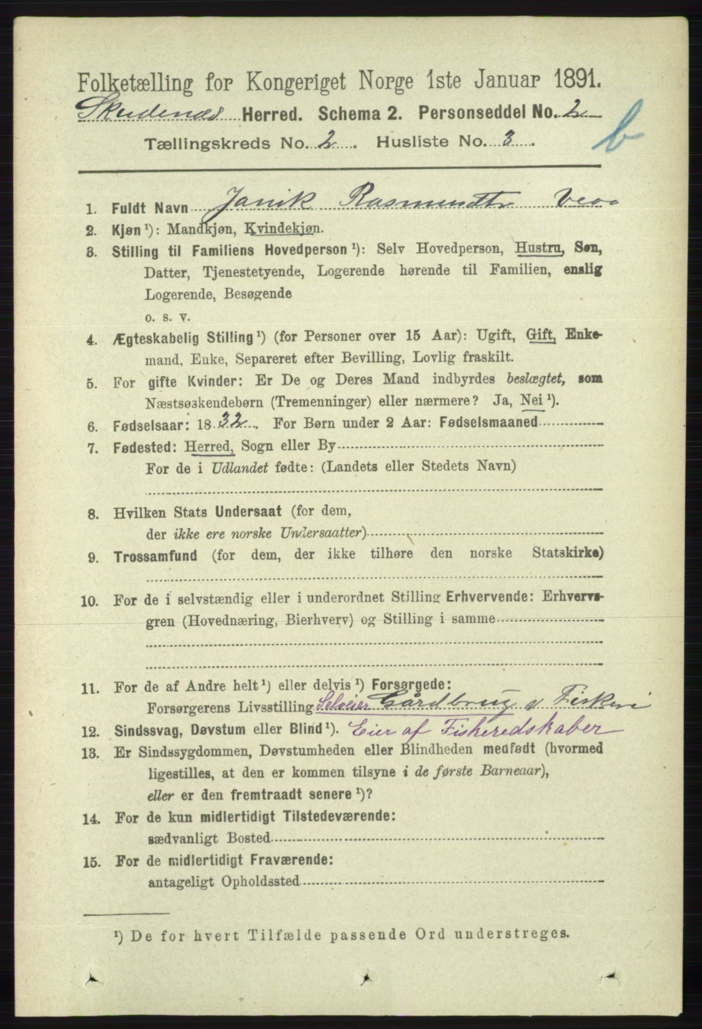 RA, 1891 census for 1150 Skudenes, 1891, p. 3722