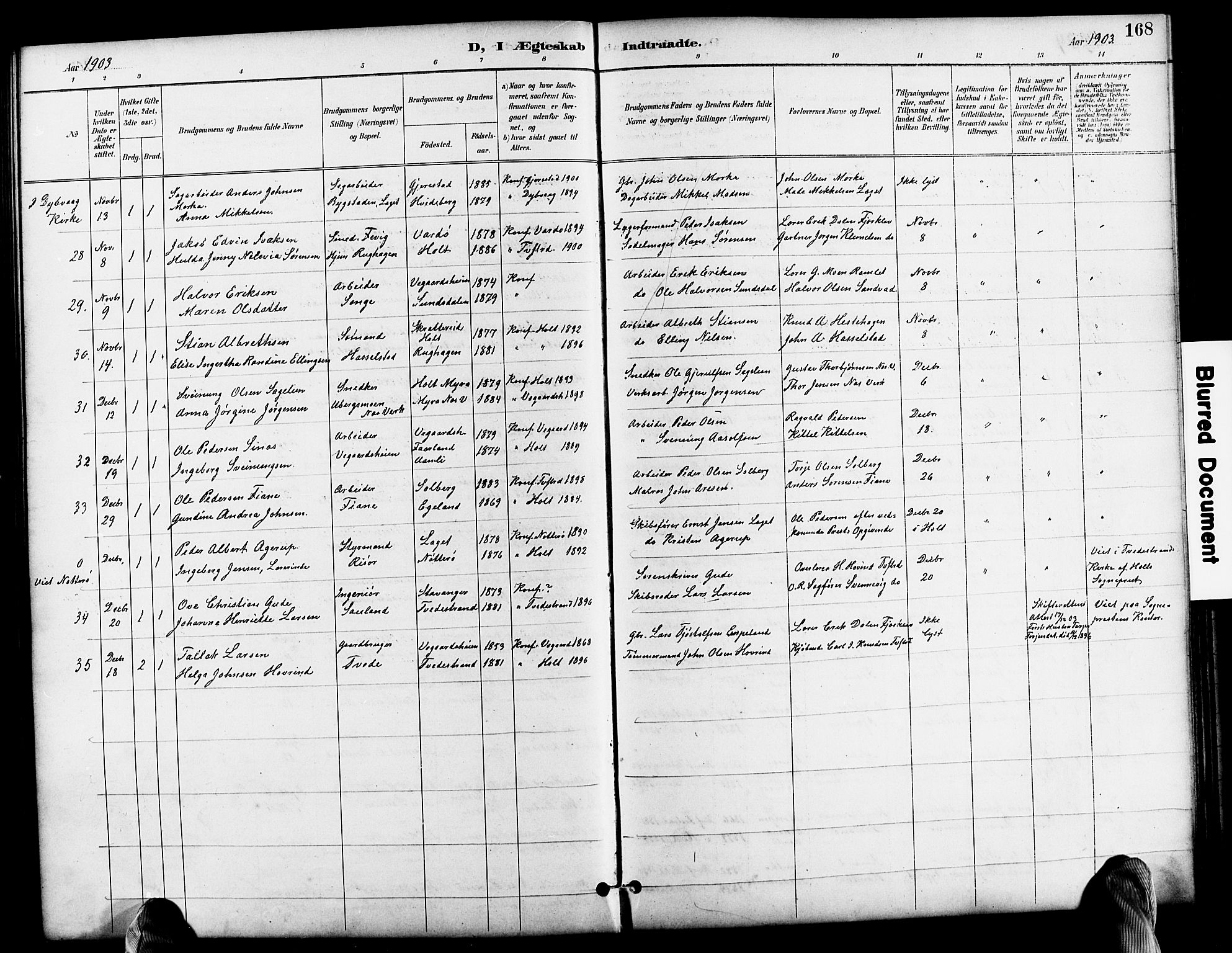 Holt sokneprestkontor, SAK/1111-0021/F/Fb/L0011: Parish register (copy) no. B 11, 1897-1921, p. 168
